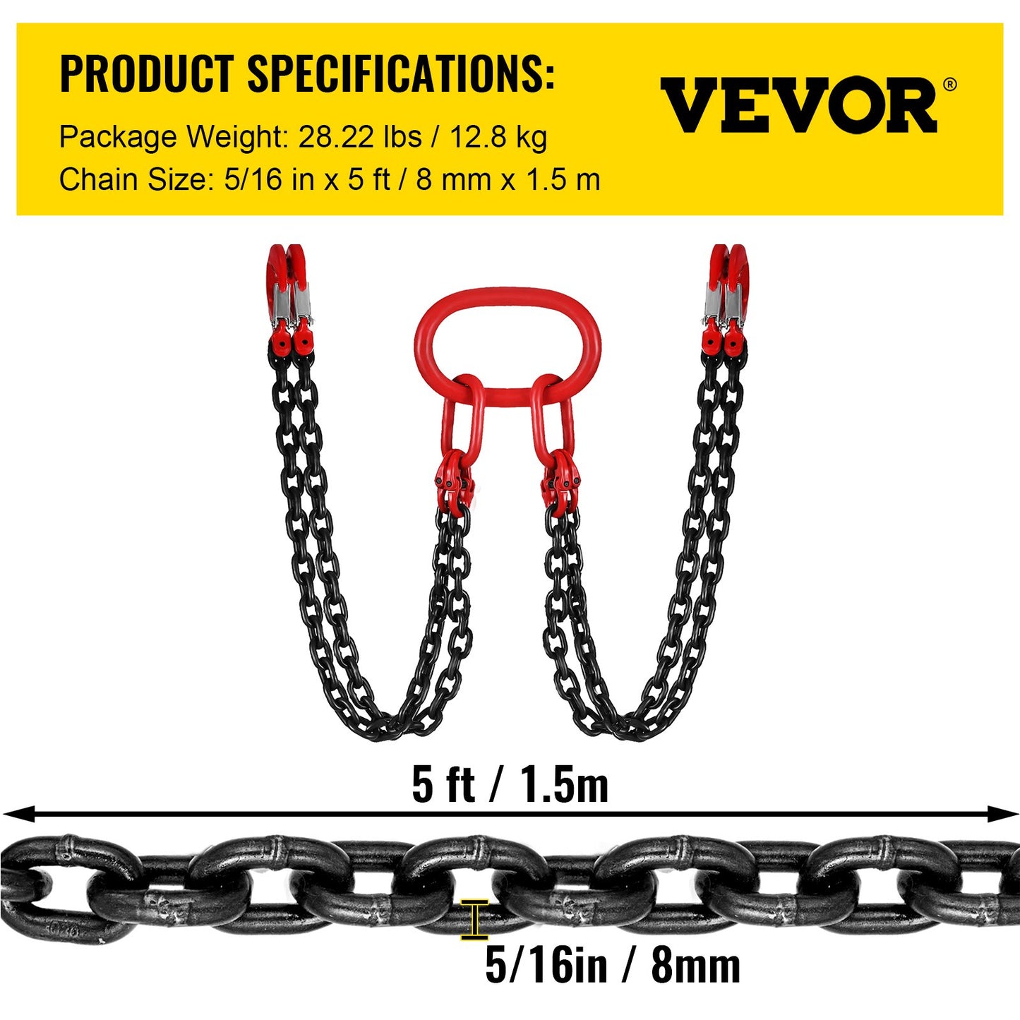 Chain Sling, 5/16 inch x 5 ft Lifting Chains with Hooks, G80 Engine Chain Hoist Lifts, 11000 lbs/5 Ton Capacity Lifting Sling Chains for Engine Hoist, Engine Lift Chain with 4 Leg Grab Hooks