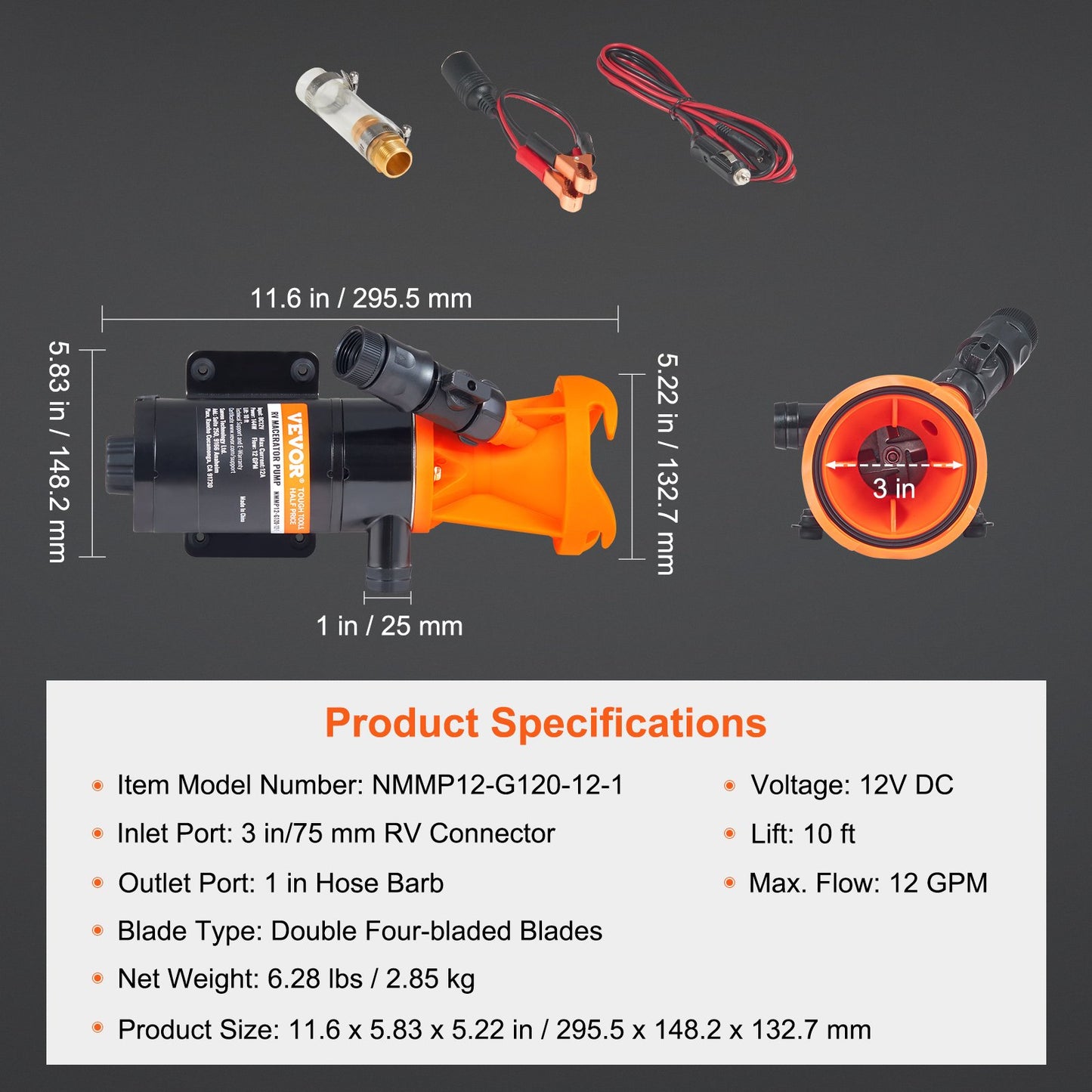 Bärbar maceratorpump för husbil, 12V, 12GMP snabbkoppling för avloppspump för husbil, avloppspump för husbil med avtagbar snabbkopplingsventil, metallslangklämma, nätsladd, för husbil, båt, marin, husbil