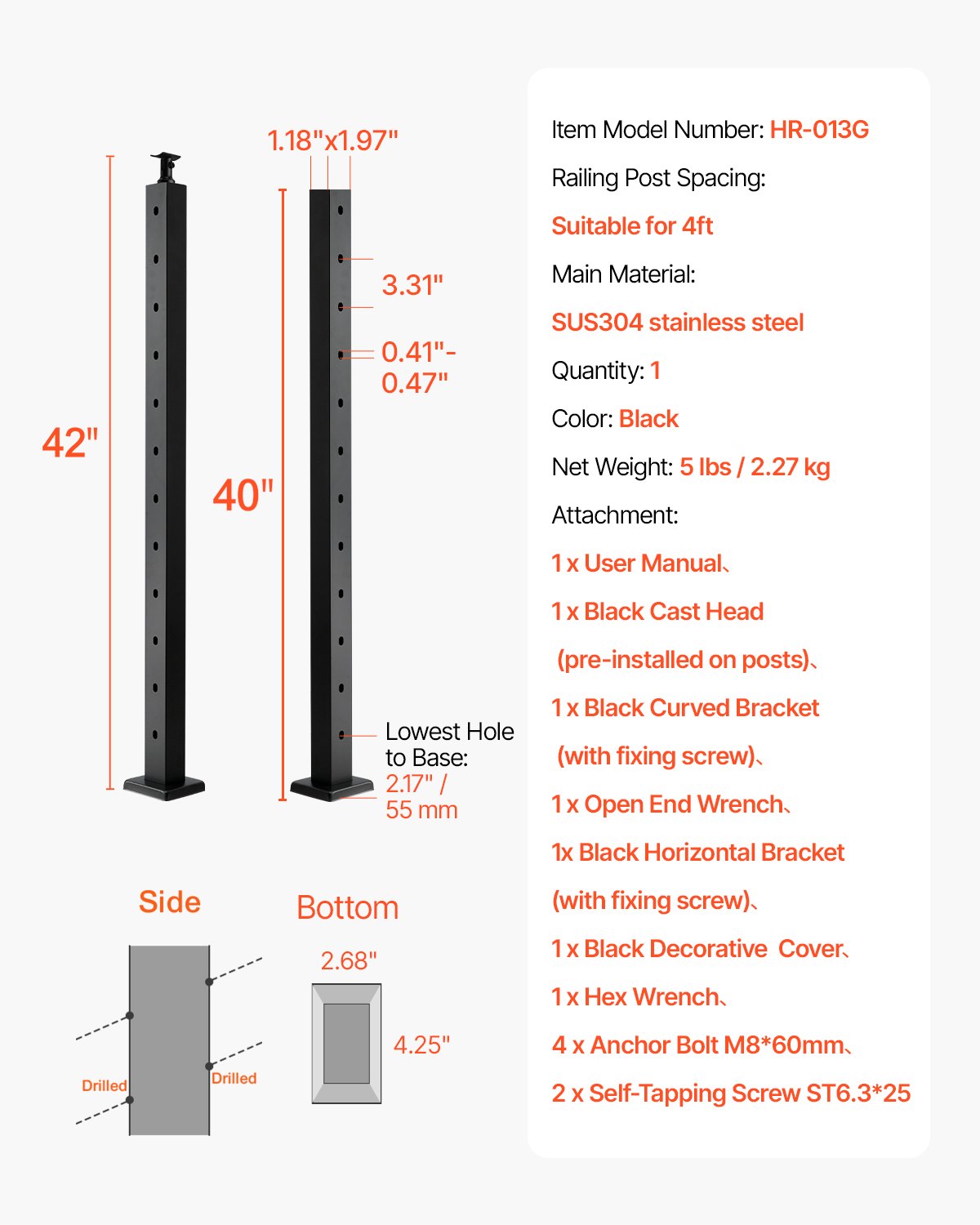 Cable Railing Post, 42x1x2 Inch Stair Railing Post, with Pre-Drilled 30° Angled Holes, Stainless Steel Cable Rail Post with Horizontal and Curved Bracket, 1-Pack, Black, 1JZLGZXHS106VRA3X001V0