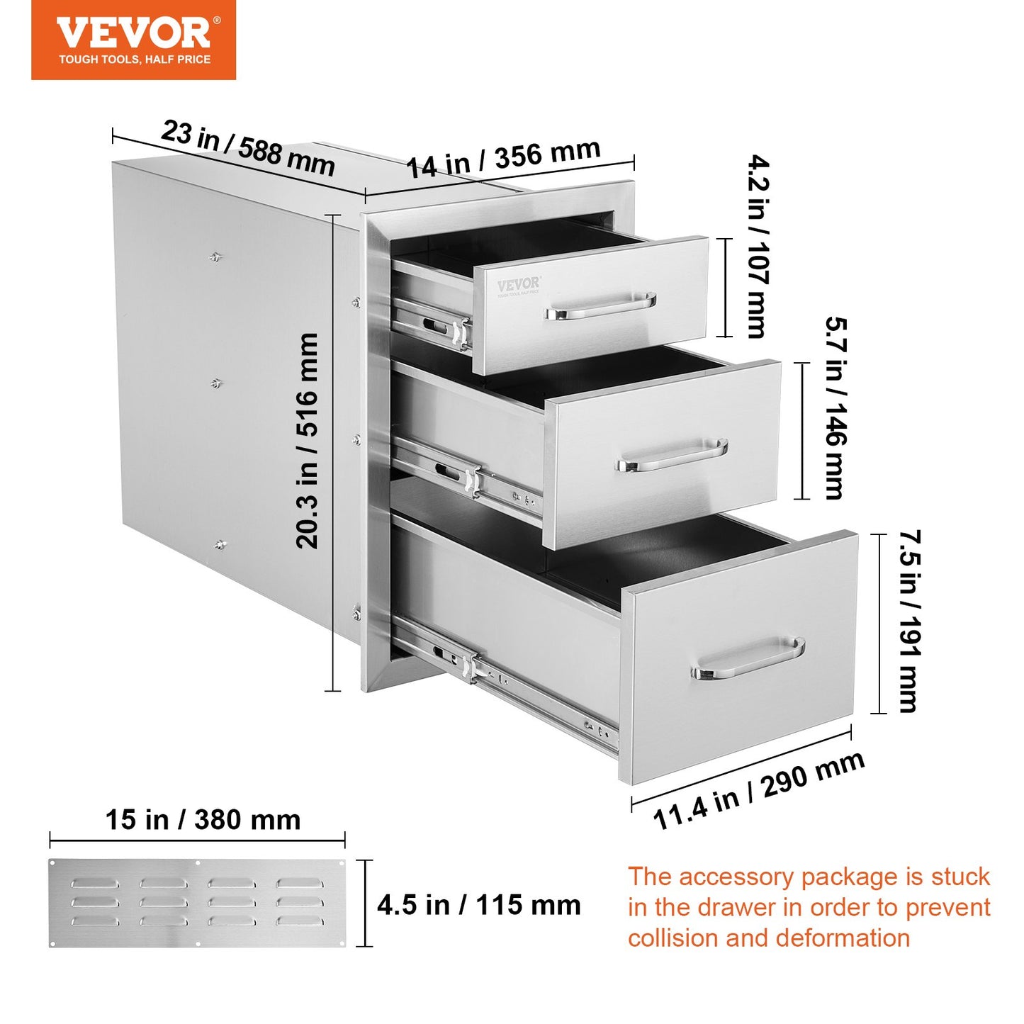 Stainless Steel 3 Chest Of Drawers W/handle 35*58cm Bbq Storage Cabinet