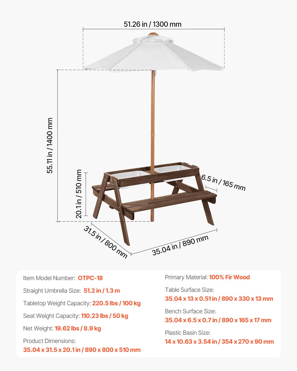 Picknickbord för barn med parasoll, 3-i-1 sand- och vattenbord, utomhusset med träbord och bänk med 2 brickor, utemöbler för 4 personer för trädgård, bakgård och veranda (valnöt)