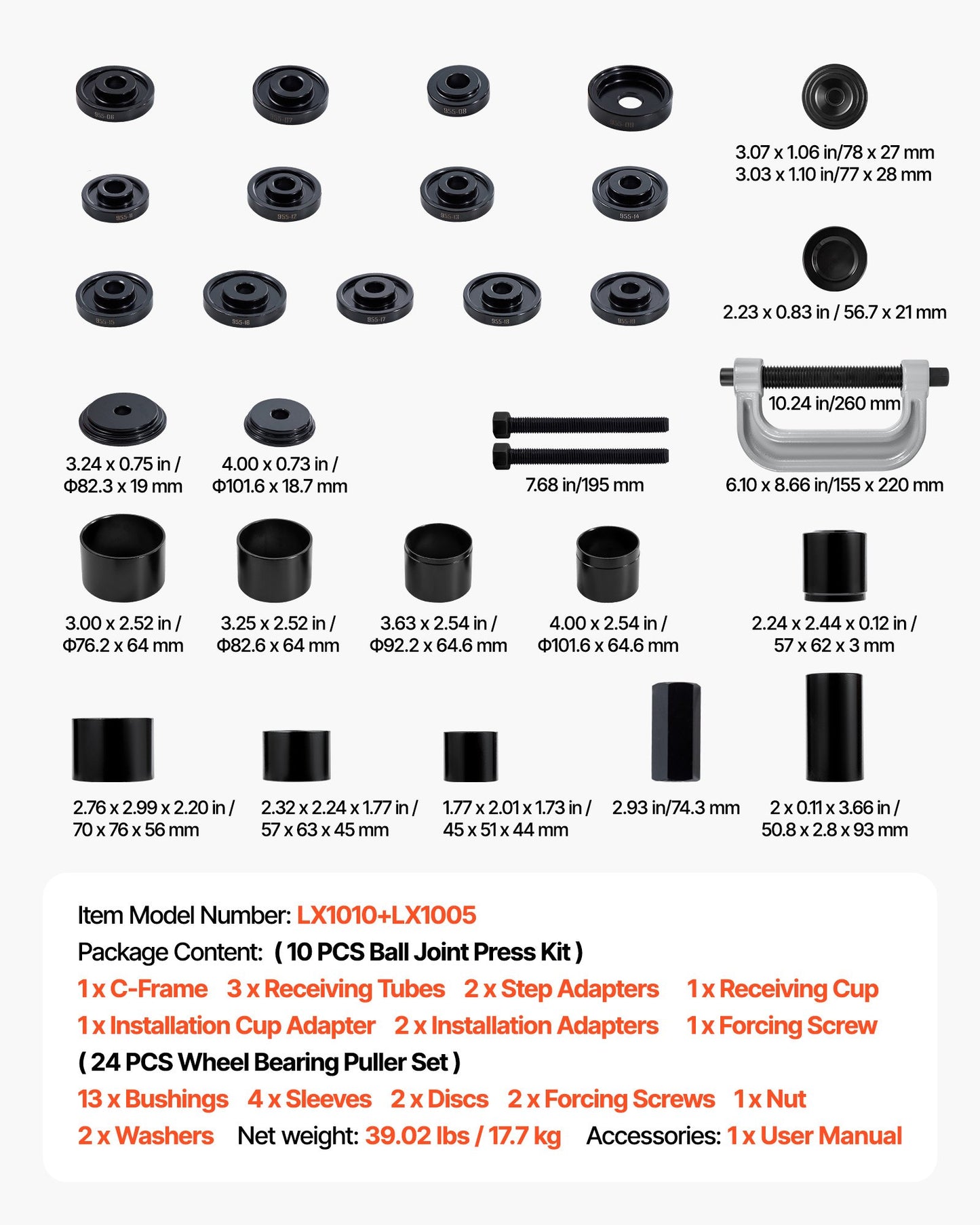 Lagerpresssats, 10+24 delar, 2-i-1 kulledspress och hjullageravdragarsats, racer- och tätningsdrivarsats med 13 bussningar, C-ram och hylsor, kraftig demonterings- och installationssats med väska