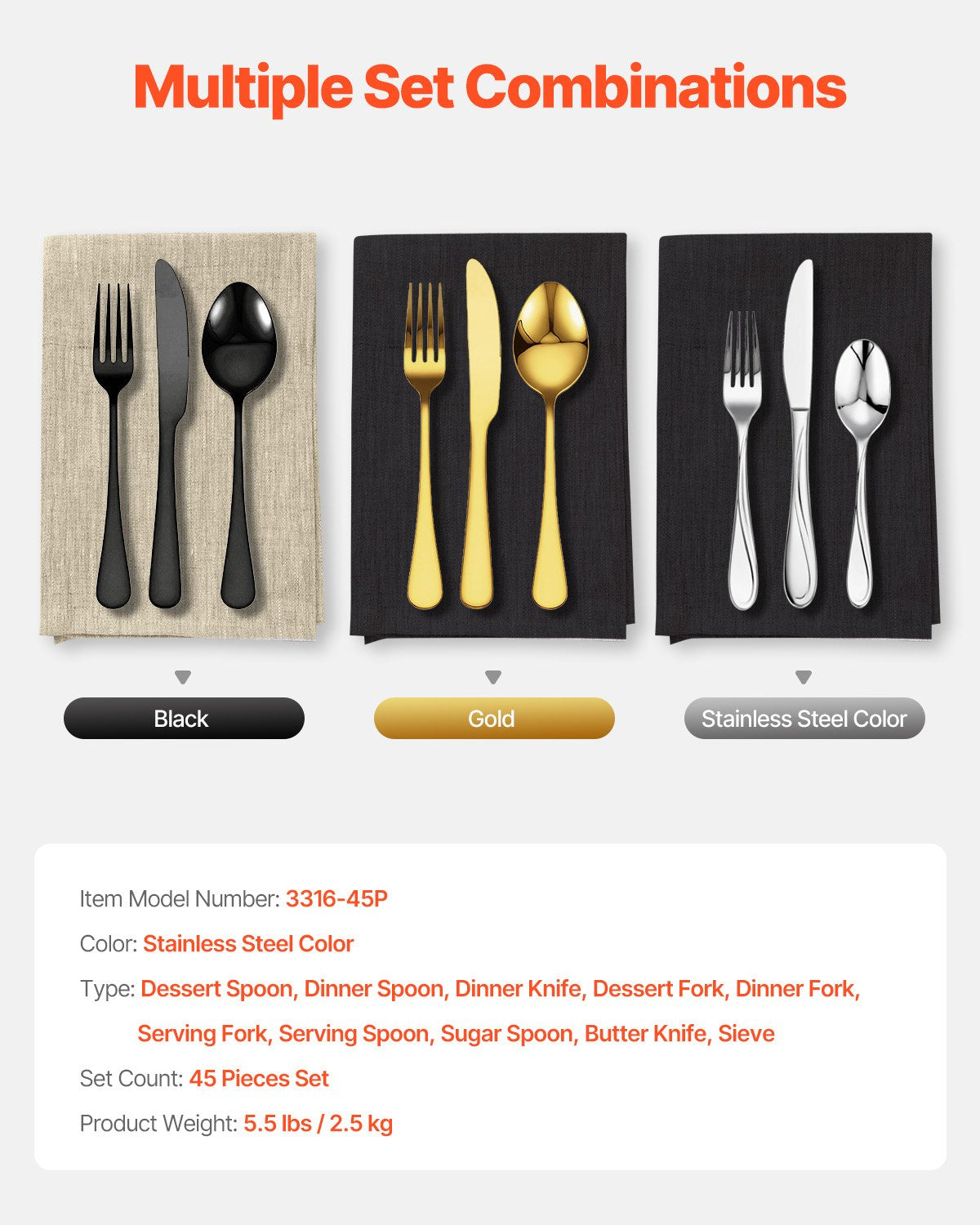 45-Piece Silverware Set, Food-Grade Stainless Steel Flatware Utensils, Mirror Finished Cutlery Set, Dishwasher Safe Eating Tableware for Kitchen Home, Service for 8, Include Knife Fork Spoon