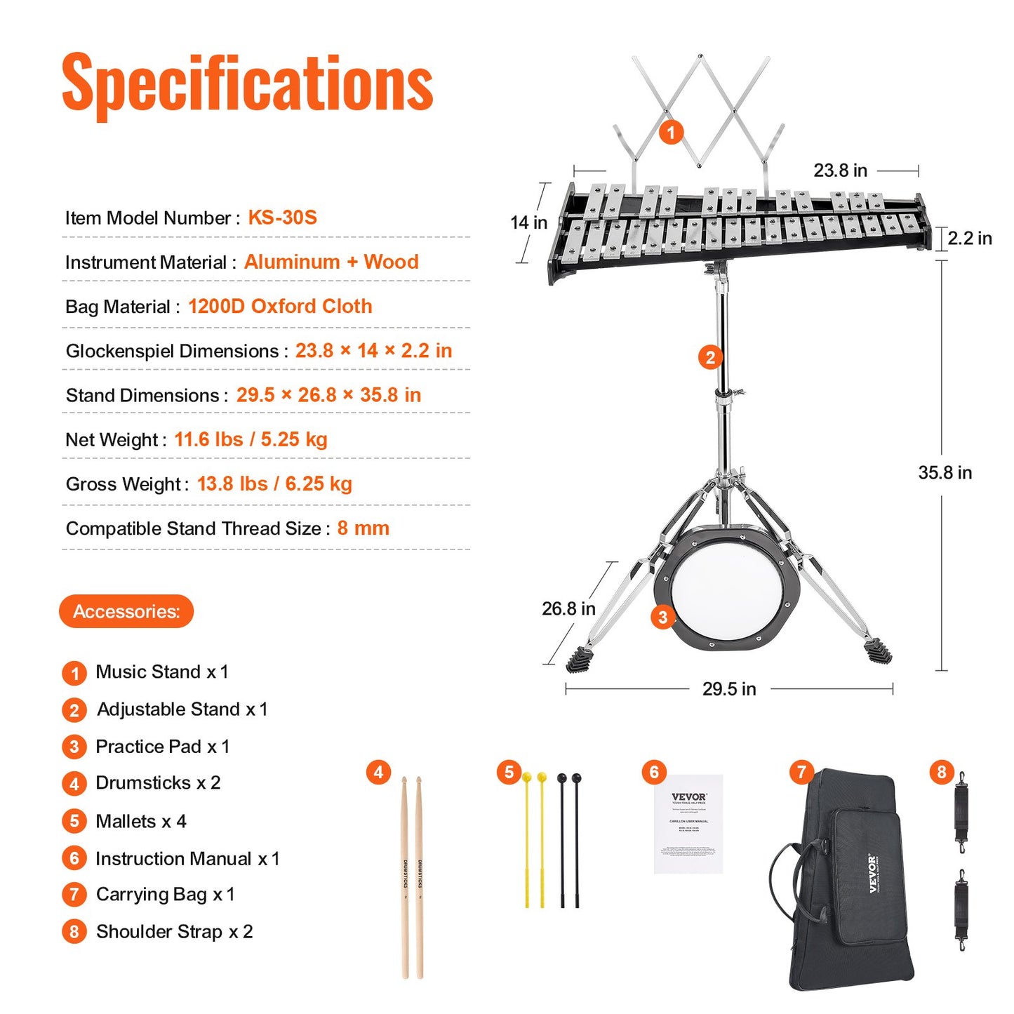 30 Note Glockenspiel Xylophone Bell Kit, Professional Percussion Instrument Set with Mallets, Drum Sticks, Music Stand, 203mm / 8" Practice Pad, Adjustable Stand and Carrying Bag for Students & Adults