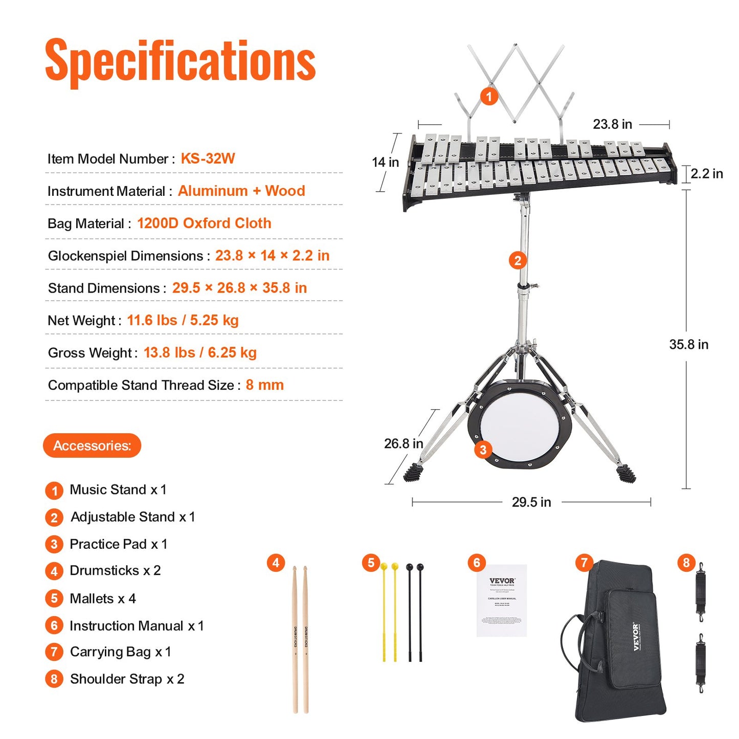 32 Note Glockenspiel Xylophone Bell Kit, Professional Percussion Instrument Set with Mallets, Drum Sticks, Music Stand, 203mm / 8" Practice Pad, Adjustable Stand and Carrying Bag for Students & Adults