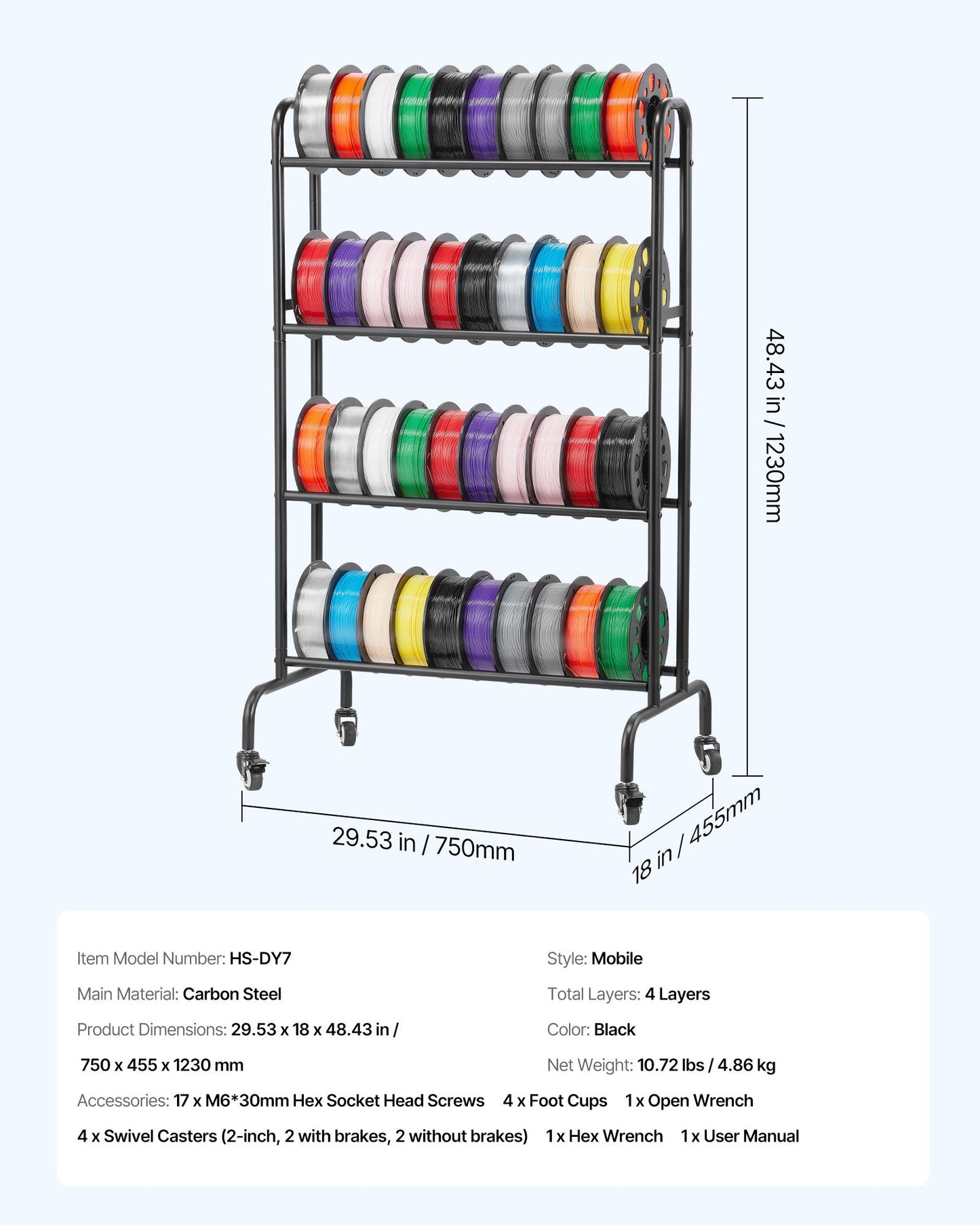3D Printer Filament Storage Rack, 4 Tier Heavy Duty Storage Shelf, Rolling Filament Spool Holders Racks with Wheels, Filaments Organzied for 3D Printing Station, Office, Workshop (Shelf Only)