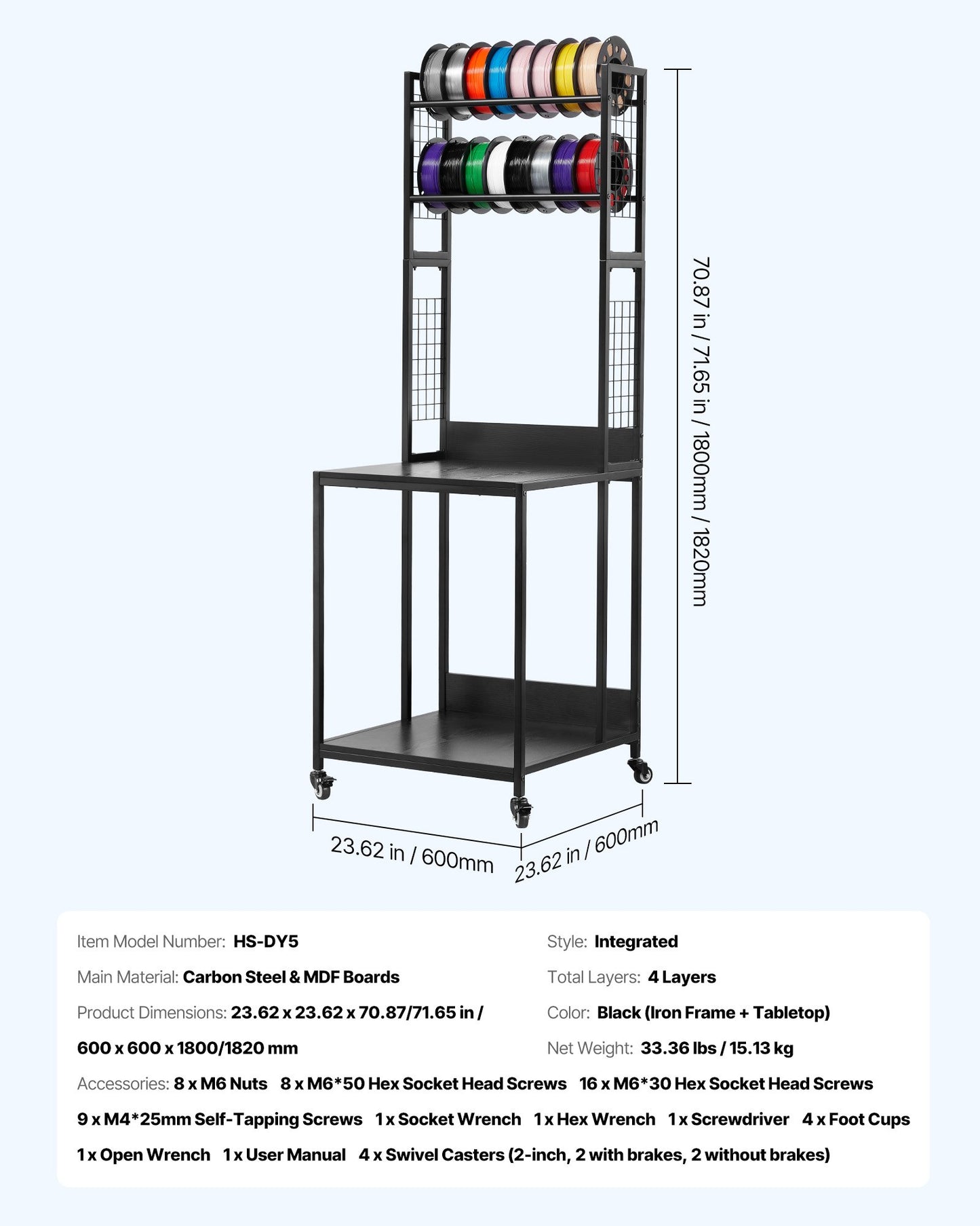 Förvaringsställ för 3D-skrivare med filament, 4-vånings stativ för 3D-skrivare med filamentförvaring, spolhållare, vagn med hjul, filament organiserade för 3D-skrivarstation, kontor, verkstad (endast hylla)