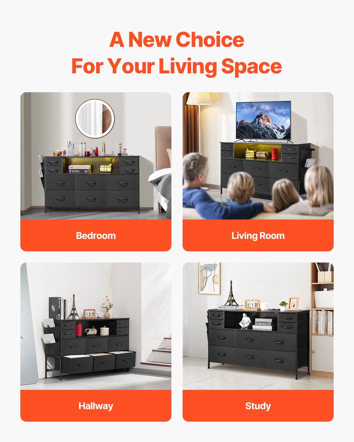 Byrå med 10 lådor, tygbyrå med tygfack, garderobsförvaringslådor med öppen förvaringshylla, LED-lampor och inbyggt uttag, tygförvaringstorn för sovrum, hall, garderob, svart