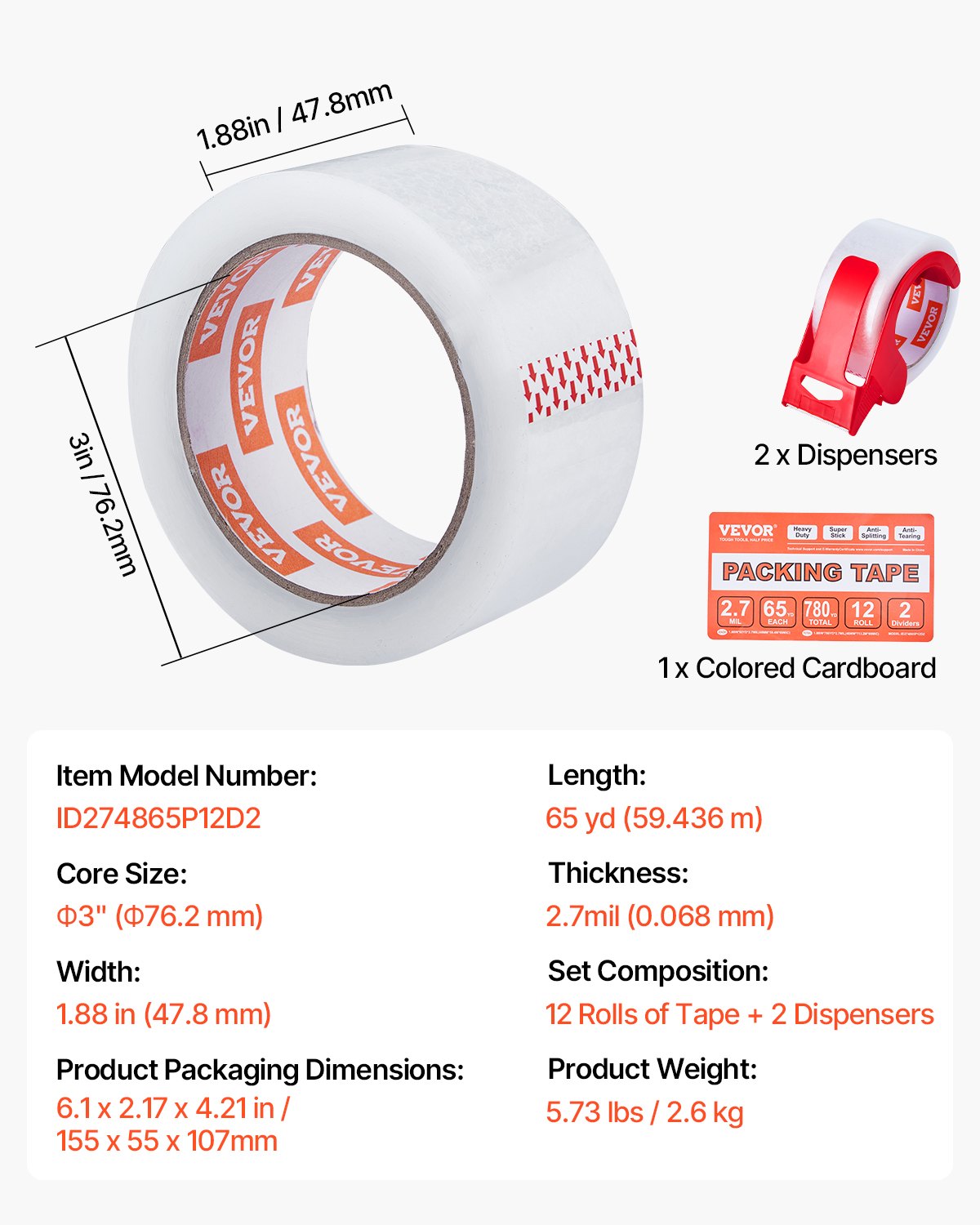 Clear Packing Tape, 3 inches Core, 12 Rolls 1.88 Inches x 65 Yards Packing Tape with Dispenser, 2.7 Mil Heavy Duty Packaging Tape Designed for Moving, Storage and Packing, Shipping and Mailing