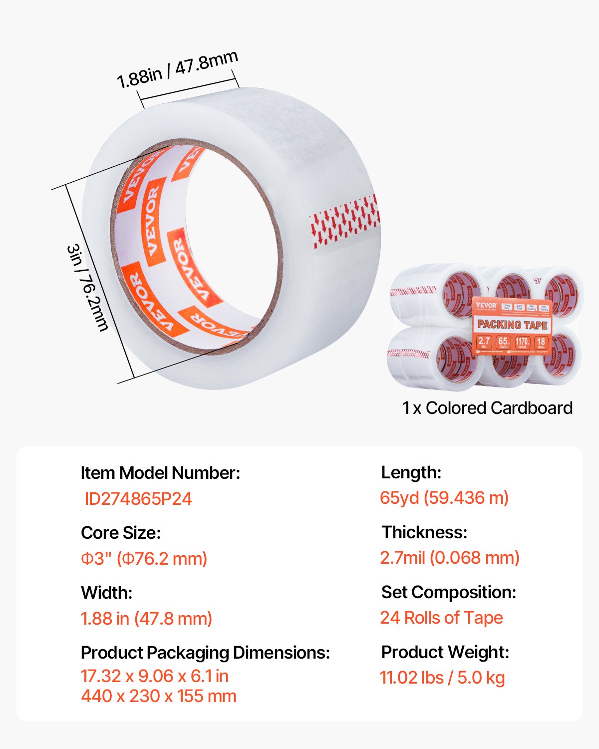 Clear Packing Tape, 3 inches Core, 18 Rolls 1.88 Inches x 65 Yards Packing Tape, 2.7 Mil Thick, Heavy Duty Packaging Tape Designed for Moving, Storage and Packing, Shipping and Mailing, Office