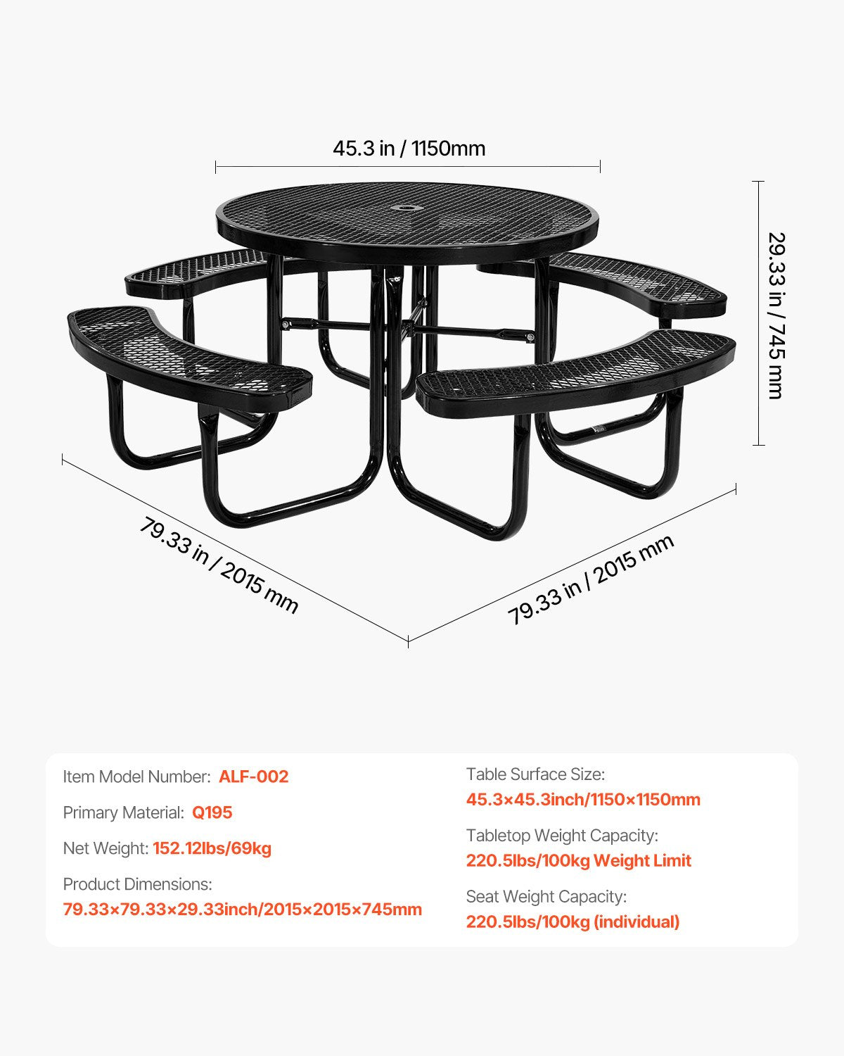 Heavy-Duty Picnic Table, Outdoor Furniture Weather Resistant Patio Dining Set, Coated Steel Tables with Umbrella Hole, 46" Round Table and Bench Set, for Garden, Backyard, Porch (Black)