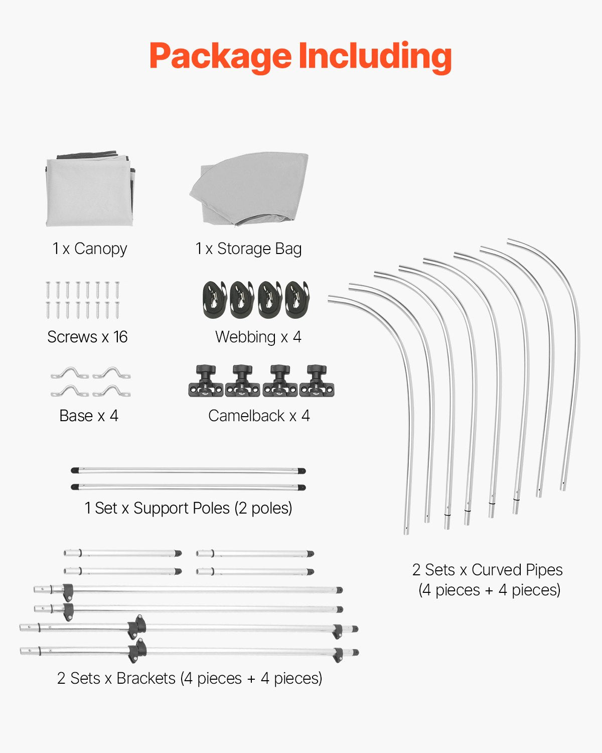 4 Bow Boat Bimini Tops, 600D Polyester Canopy with Aluminum Alloy Frame, Waterproof & Sun Shade Boat Awning Canopy with Storage Bag, 2 Support Poles, 4 Straps, 96"Lx(79"-84")Wx54"H, Light Grey