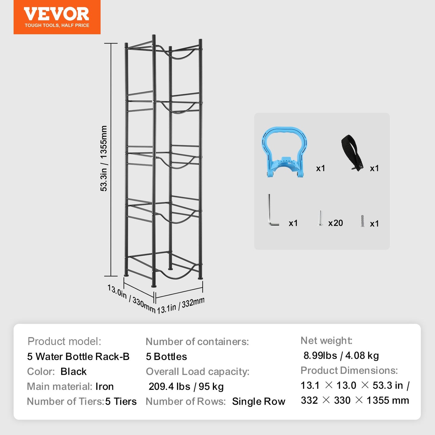 5 Tiers Water Jug Holder Single Row Water Bottle Rack for 5 Bottles, Heavy Duty Water Dispenser Rack with 5 Slots for Gallon Jugs, Detachable Water Storage Shelf Organizer for Home Living Room Office, Black