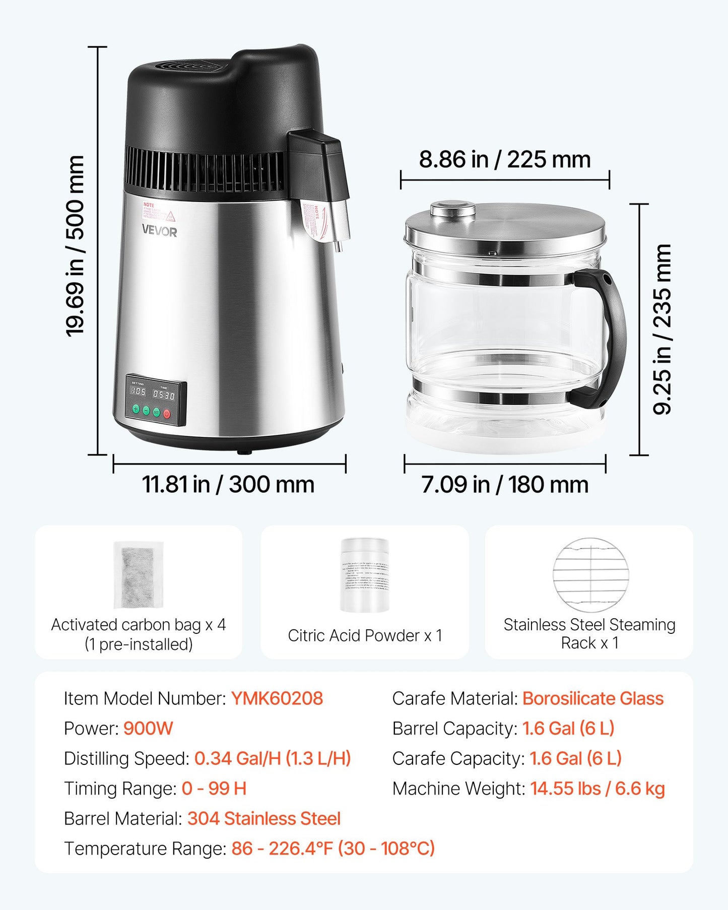 Vattendestilleri, 6L 1,6 gallon större rent vattenfilter för hemmabänkskiva, 900W destillerad bryggare i glaskruka, dricksmaskin i rostfritt stål för att göra rent vatten, silver