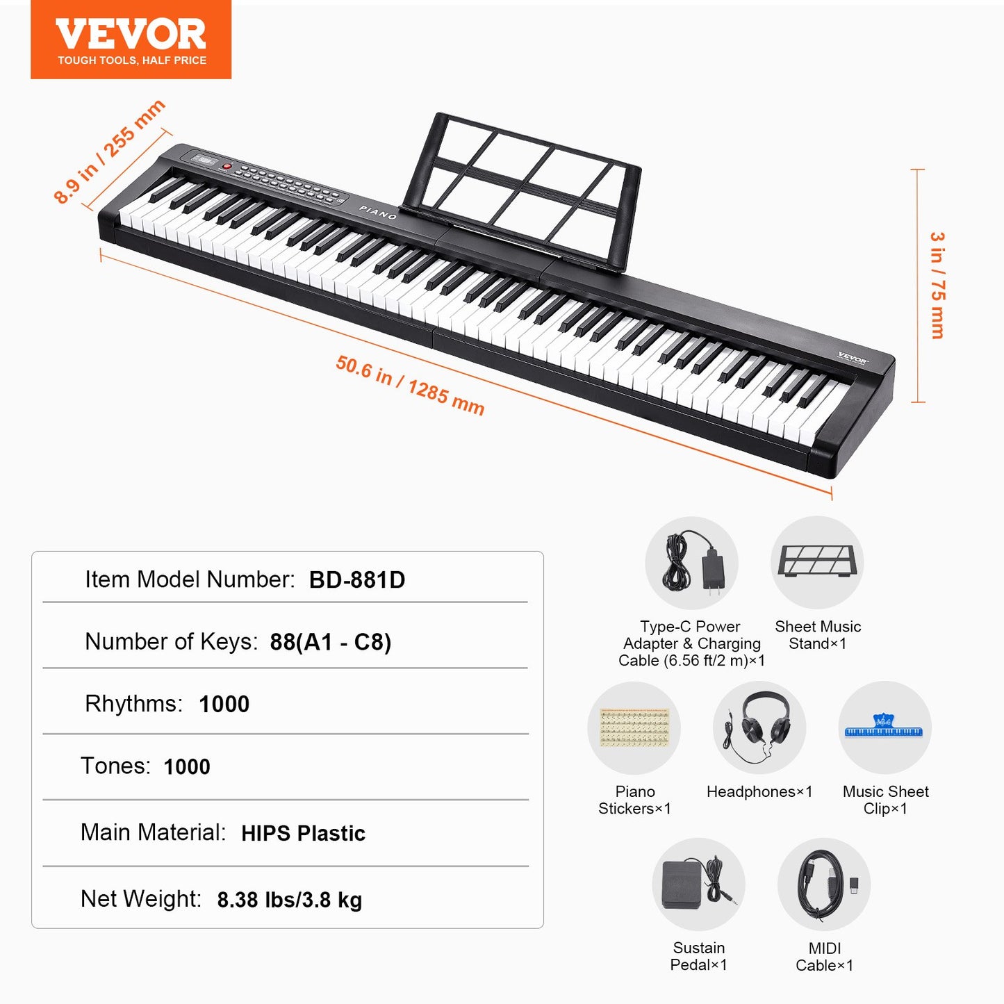 88 Key Digital Piano Keyboard, Semi Weighted Keys, Full Size Electric Portable Keyboard Piano Set with 1000 Tones Built-In Speakers Sustain Pedal Headphones, Bluetooth MIDI USB for Beginners
