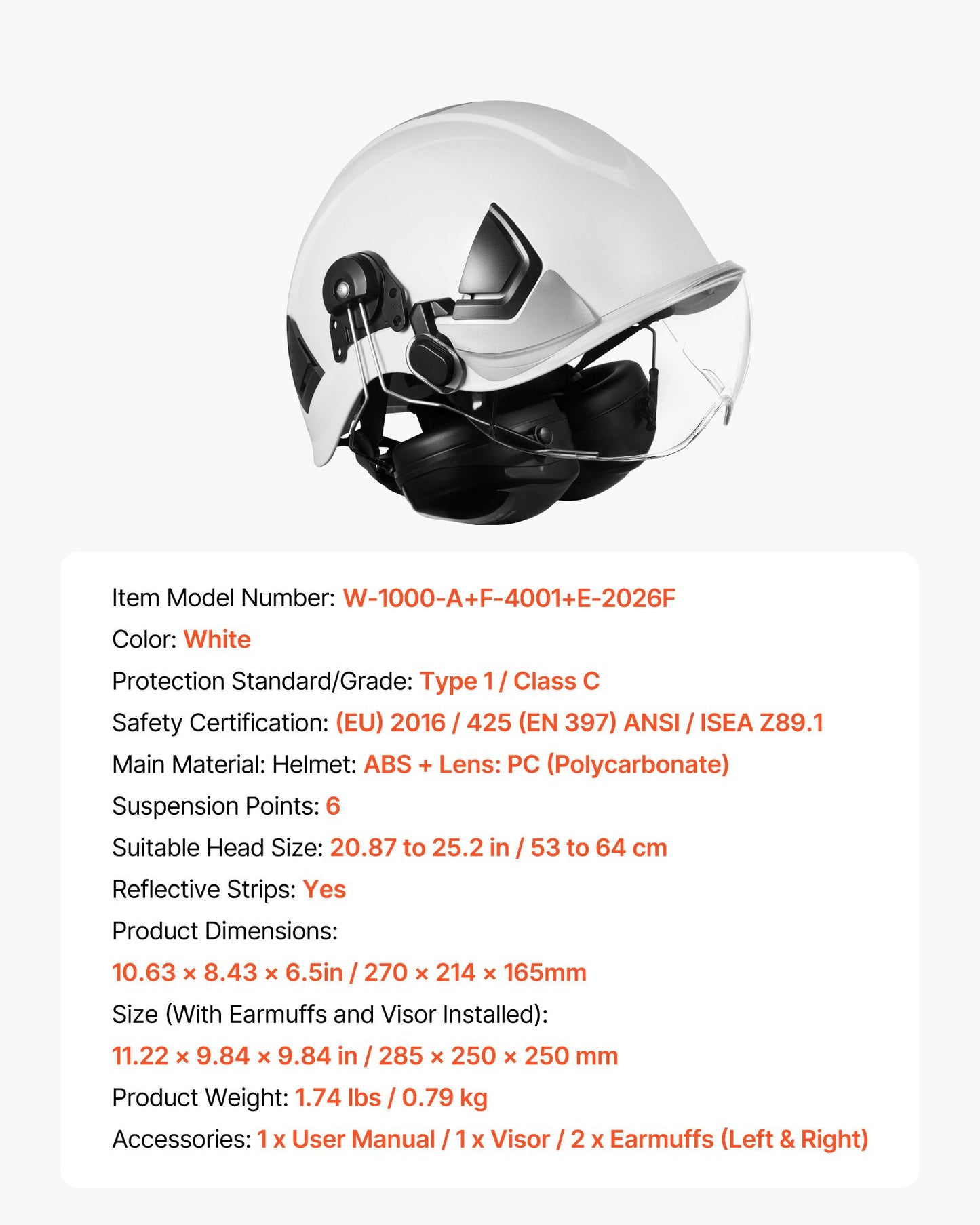 Industrial Safety Helmet, ANSI/ISEA Z89.1 Approved ABS Hard Hat with Visor & Earmuffs, 6-Point Ratchet Suspension, Adjustable Vented Hardhat for Men & Women, for Outdoor Construction Workwear