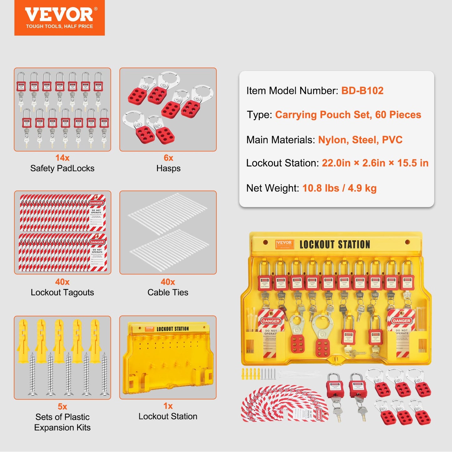 Elektrisk låsningsetikettsats, 60 st säkerhetslåsningsetikettstationer inkluderar hänglås, hasper, etiketter, nylonband, expansionssats och låsningsstationskort, för industriell och elkraft