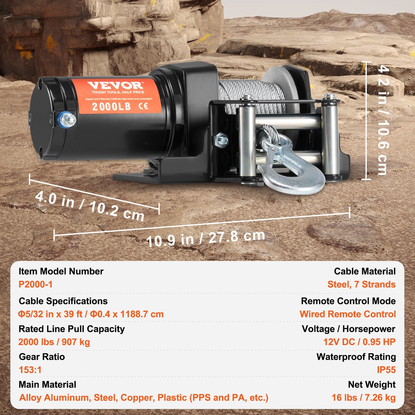 Elektrisk vinsch ATV UTV 907,2 kg stålvajer IP 55 vattentät trådbunden styrning