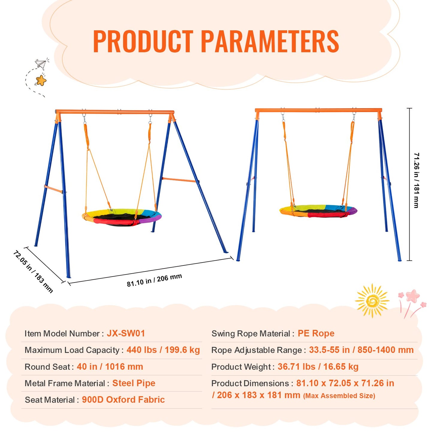 Swing Sets for Backyard, 440lbs Load Capacity Swing Set, 40" Saucer Swing Seat with Heavy Duty A-Frame Metal Swing Stand and Adjustable Rope, Easy to Assemble, Swingset Outdoor for Kids