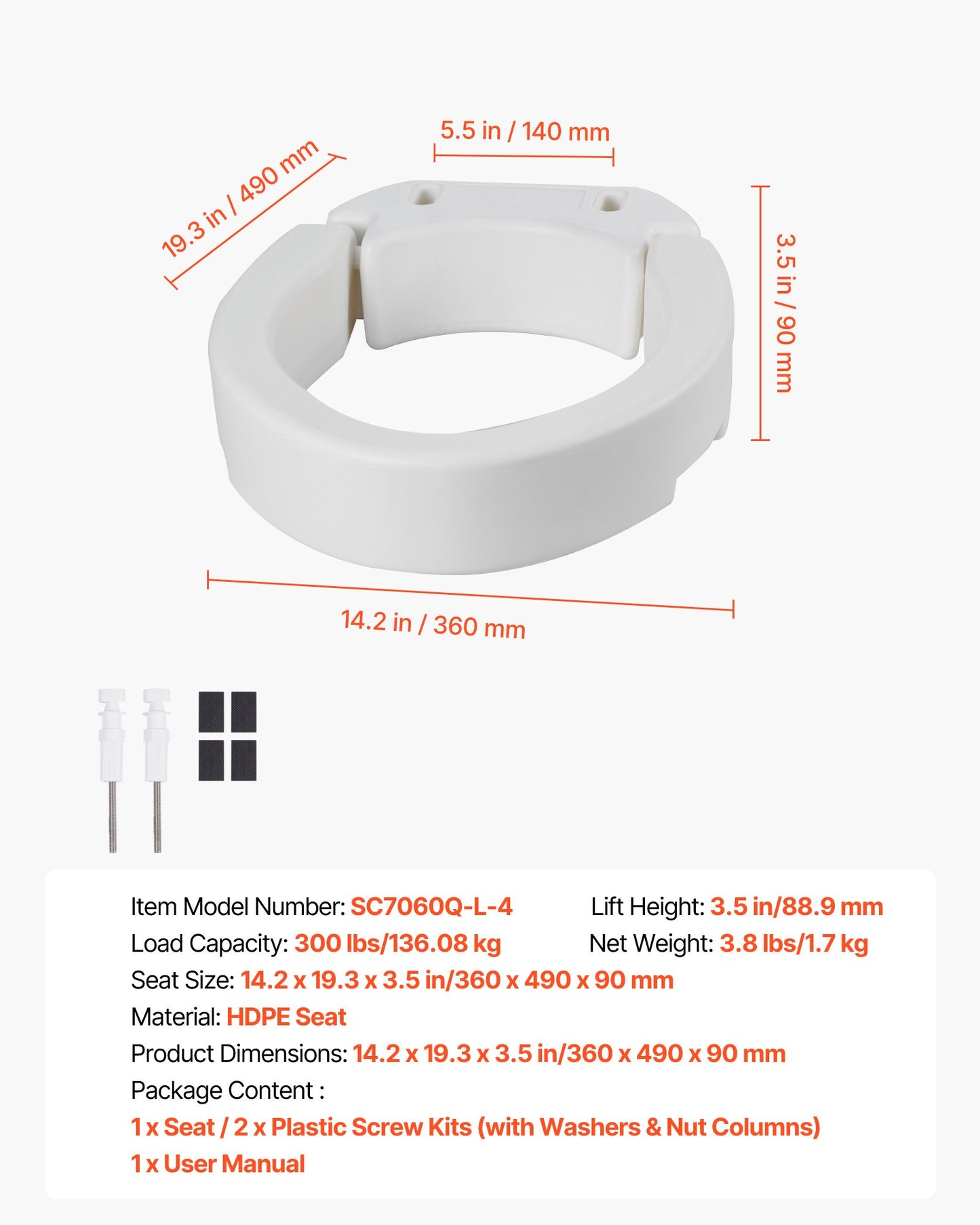 Raised Toilet Seat, 136.1 kg Load Capacity, 88.9 mm Lift Height, Commode Elevated Toilet Seat Riser with Enlarged Opening for Seniors, Elderly, Handicap, Disabled, Adults, Fits Elongated Bowl