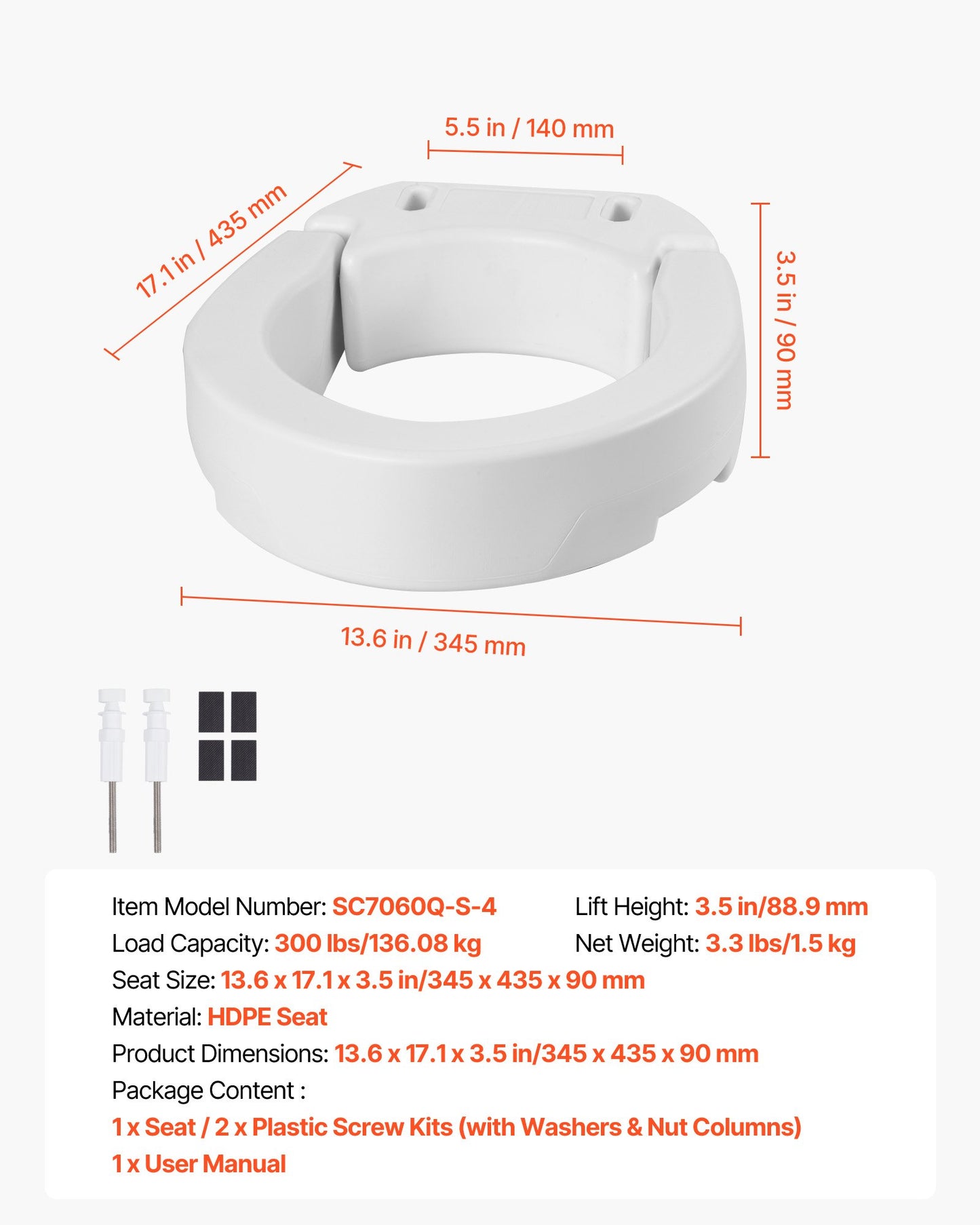 Raised Toilet Seat, 136.1 kg Load Capacity, 88.9 mm Lift Height, Commode Elevated Toilet Seat Riser with Enlarged Opening for Seniors, Elderly, Handicap, Disabled, and Adults, Fits Round Bowl