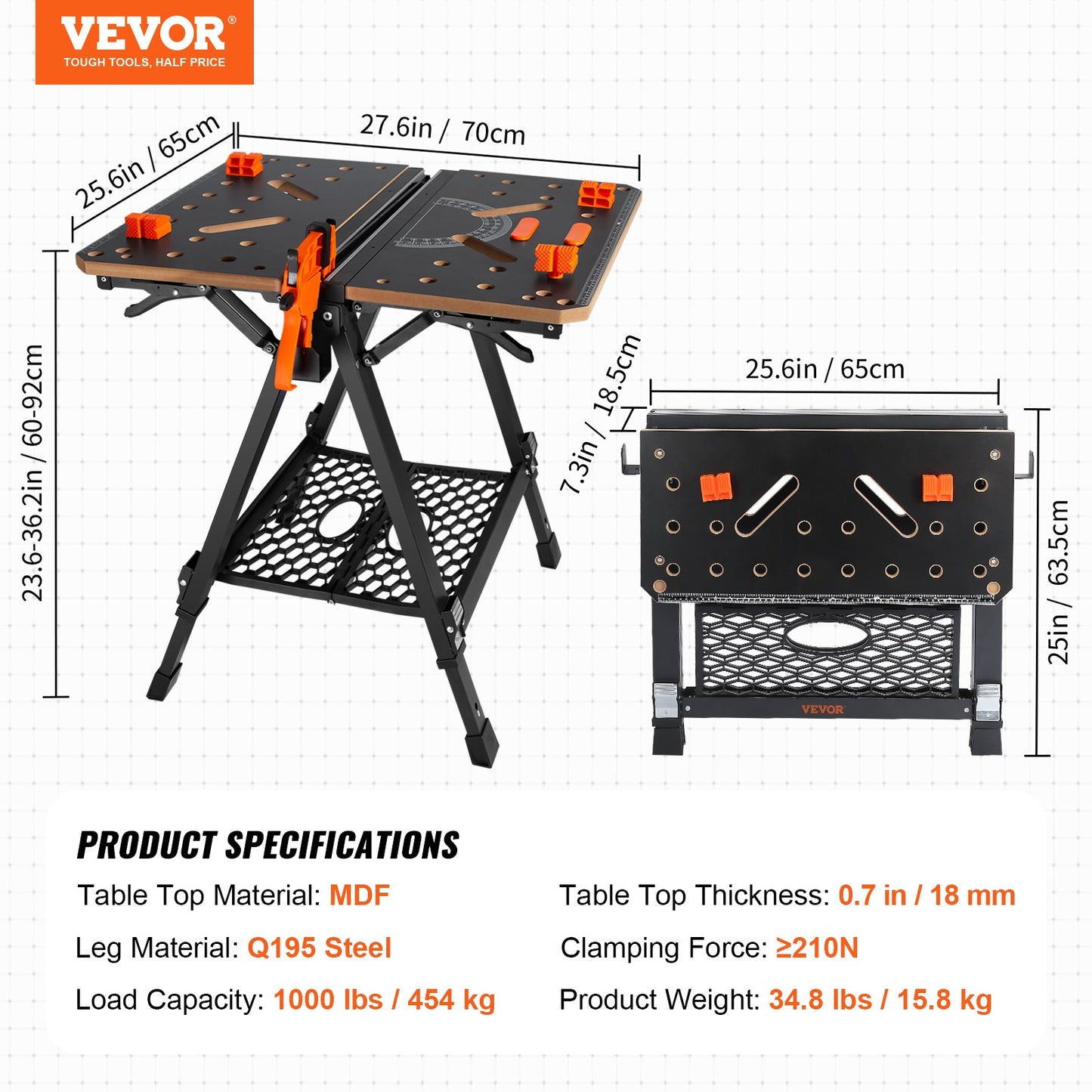 Folding Work Table, 2-in-1 as Sawhorse & Workbench, 1000 lbs Capacity, 7 Adjustable Heights, Steel Legs, Portable Foldable Tool Stand with Wood Clamp, 4 Bench Dogs, 2 Hooks, Easy Garage Storage