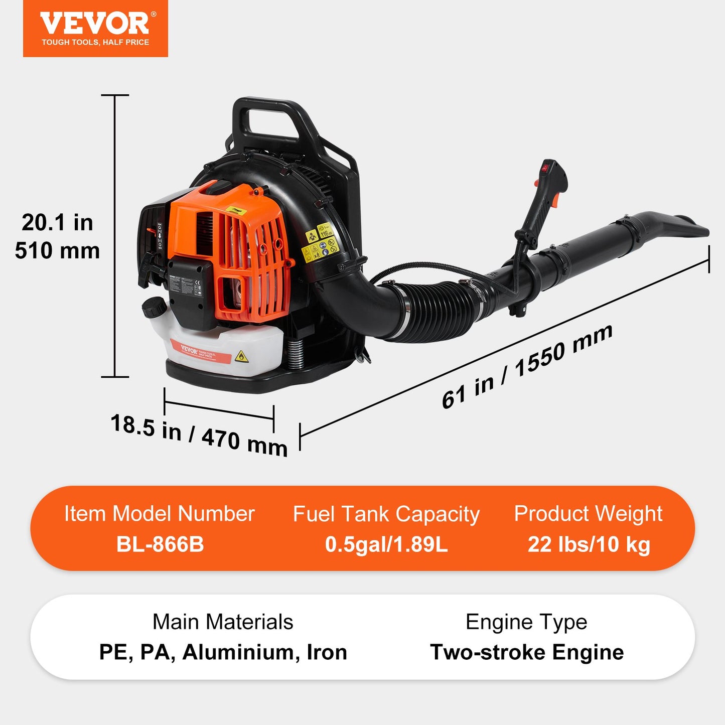 Backpack Leaf Blower, 63CC 2-Cycle Gas Leaf Blower with 1.89L Fuel Tank, 1110CFM Air Volume 220MPH Speed, Ideal for Lawn Care, Leaf Cleaning, and Snow Removal