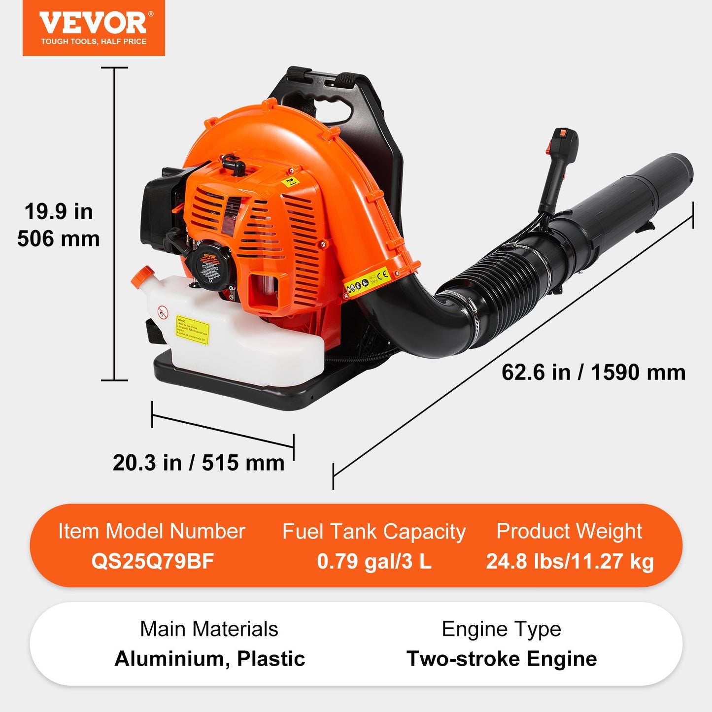 Backpack Leaf Blower, 79CC 2-Cycle Gas Leaf Blower with 3L Fuel Tank, 930CFM Air Volume 184MPH Speed, Ideal for Lawn Care, Leaf Cleaning, and Snow Removal