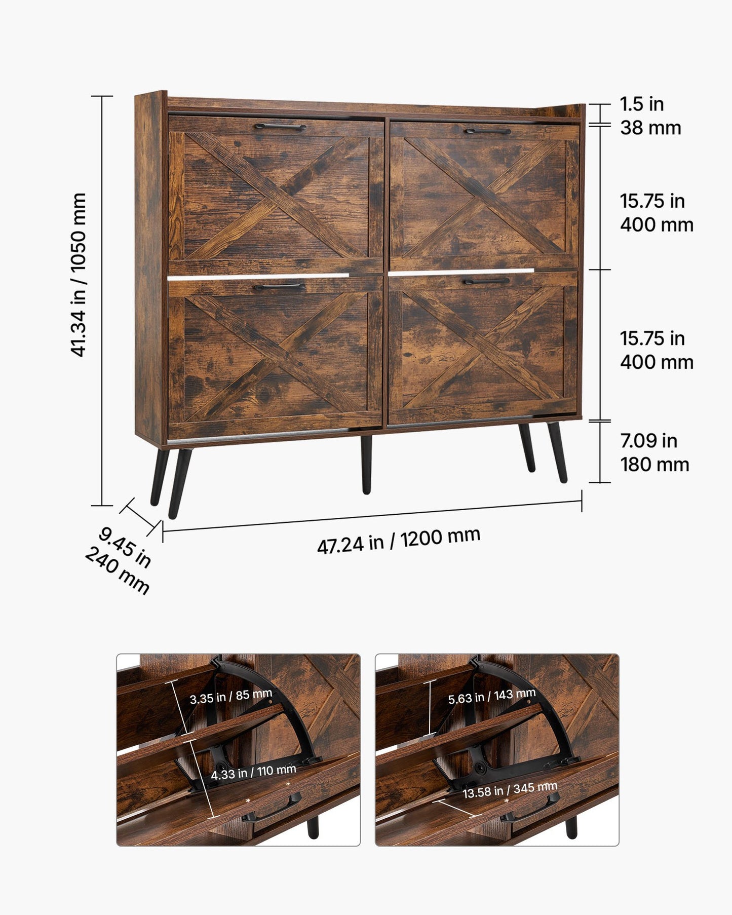 Shoe Cabinet with 4 Flip Drawers, Farmhouse Shoes Storage Cabinet with Wood Legs and Anti-Tipping Device, Freestanding Shoe Organizer Ideal for Entryway, Hallway, Bedroom, Living Room, Brown