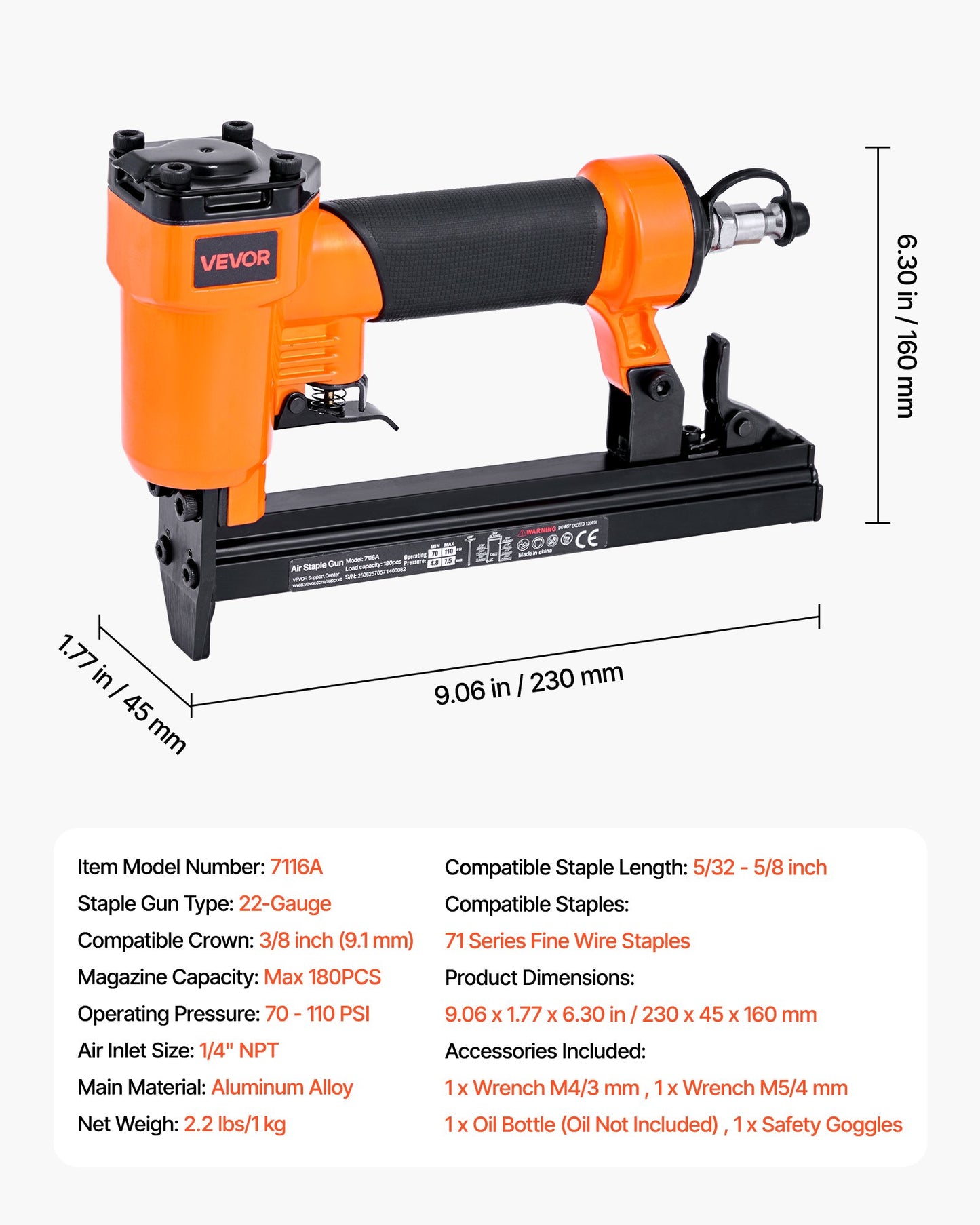 Pneumatic Staple Gun, 22 Gauge Pneumatic Upholstery Stapler for 71 Series Fine Wire Staples 9.1mm Crown 4mm-16mm Length, 70-110 PSI Air Staple Gun for Woodworking, Upholstering, DIY Project