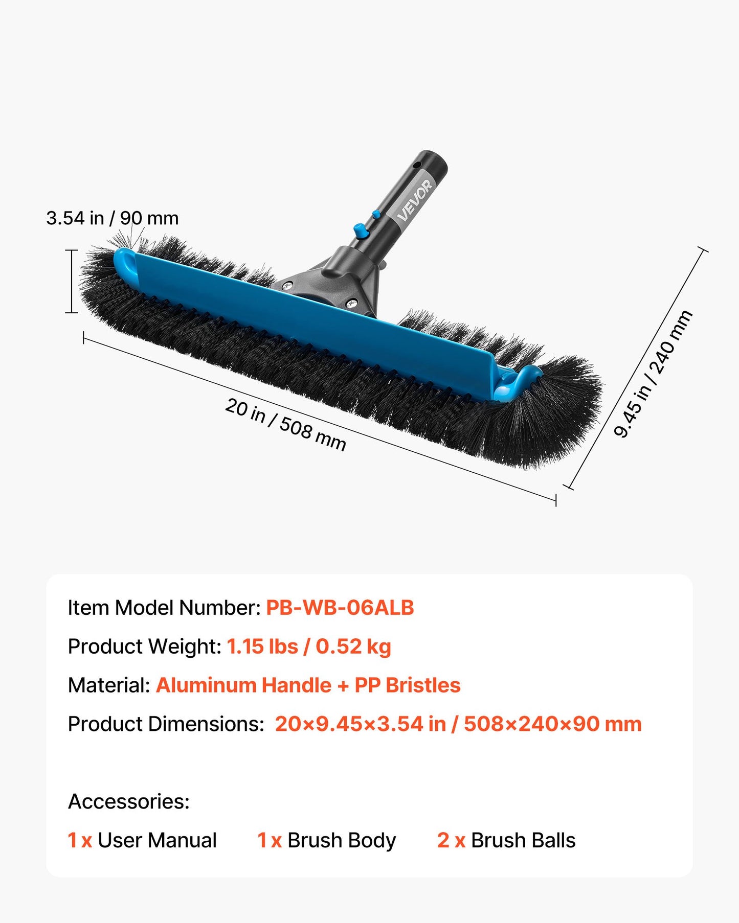 Pool Brush Head, 508 mm Scrub Brushes with Nylon Bristles and Aluminum Pole Connector, Heavy Duty Curved Brush Head for Cleaning Inground/Above Ground Swimming Pool Walls, Pole Not Included