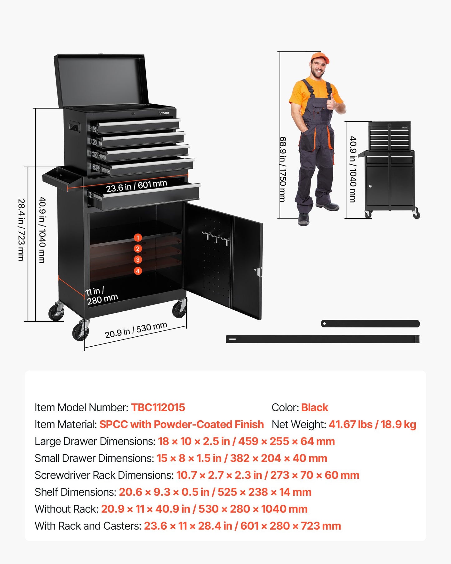 Rullande verktygslåda, 2-i-1-design, verktygsskåp med 5 lådor, avtagbar metallverktygslåda, låsstång, skyddande foder och verktygsställ, garageskåp för lager, verkstad