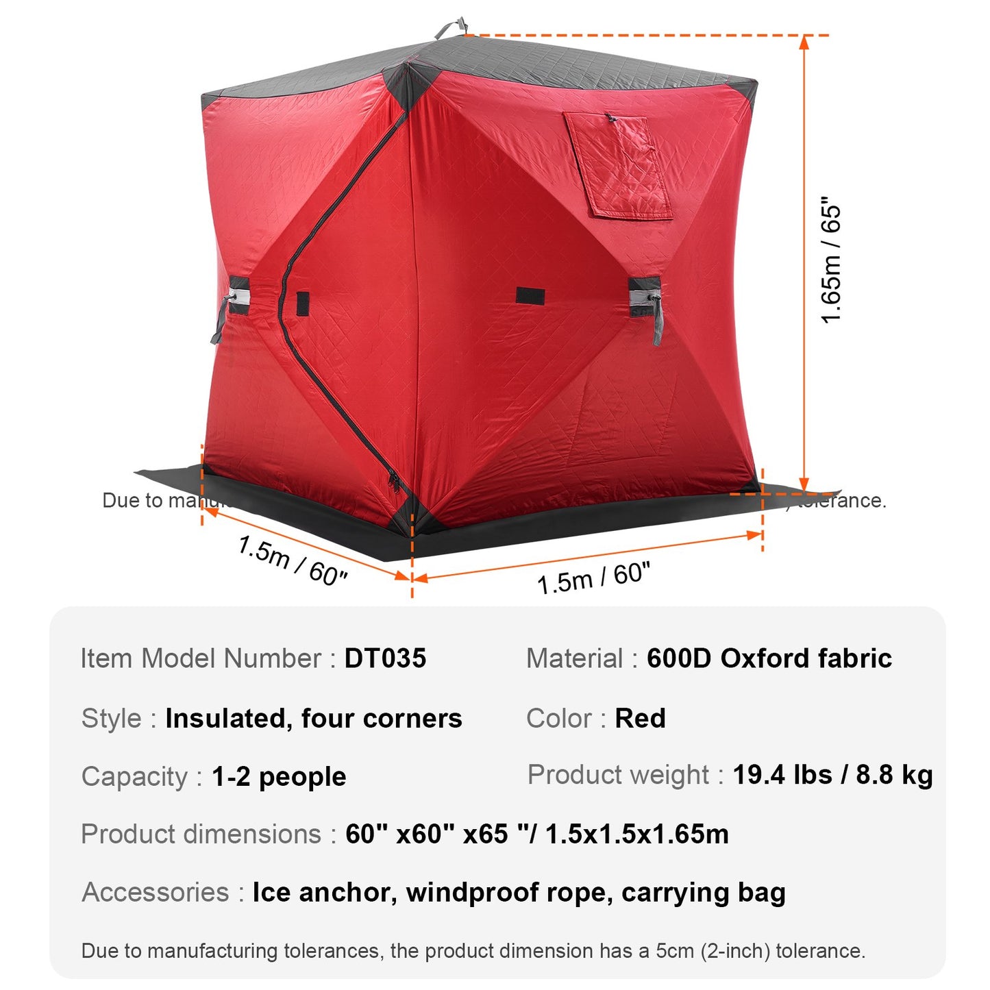 Portable Ice Shelter, 1-2 Person Insulated Pop-Up Ice Fishing Tent, 24 Square Feet Fishable Area, Thermal Ice Shanty for Winter Fishing, Ice Cube with Anchors, Ropes, Carrying Bag, 60"x60", Red