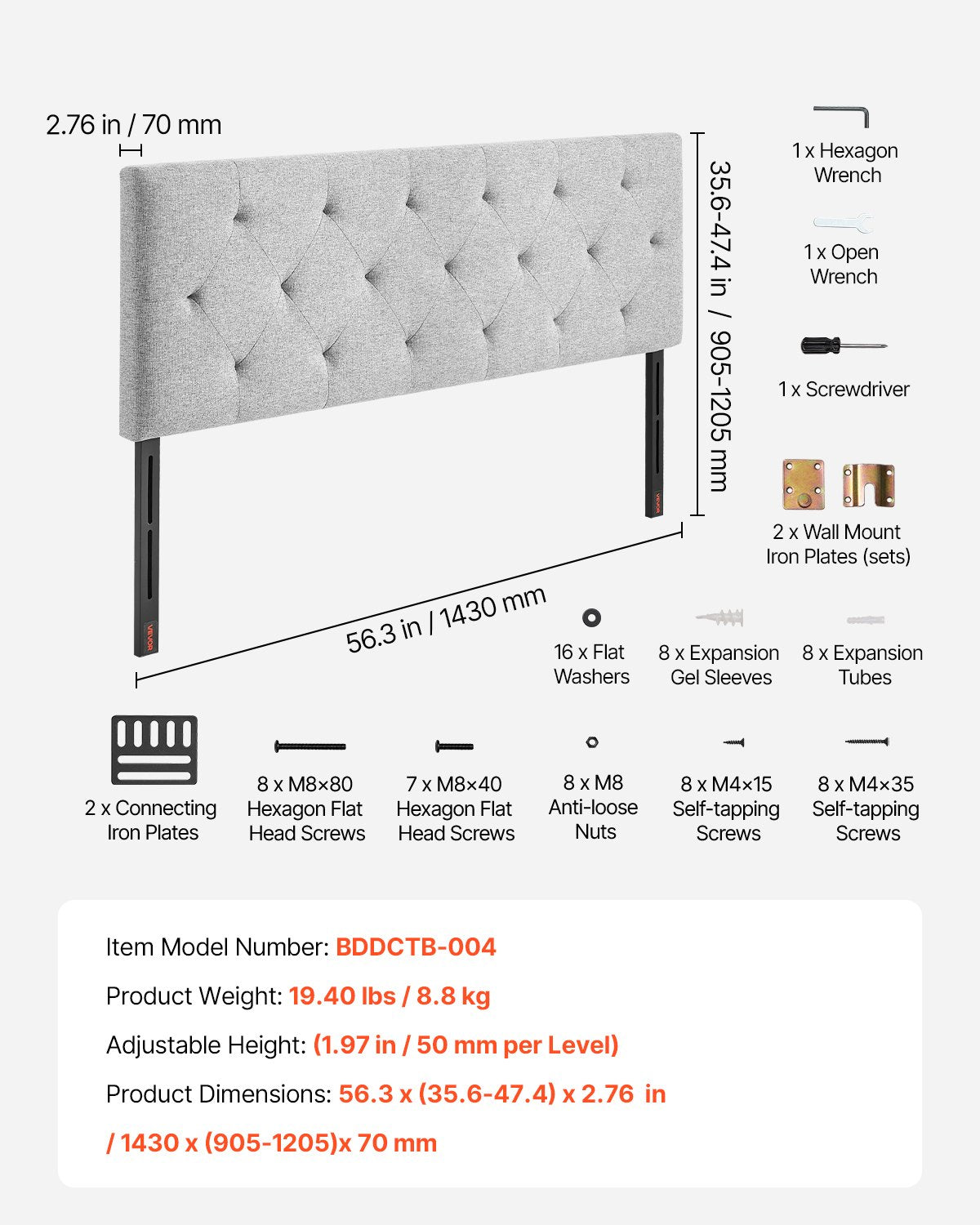 Headboard, Full Size Headboard with Adjustable Height, Comfortable Diamond Tufted for Full Size Bed, W 56.3 x H(35.6-47.4)inches, Ideal for Bedroom, Hotel, Homestay, Dormitory, Light Grey