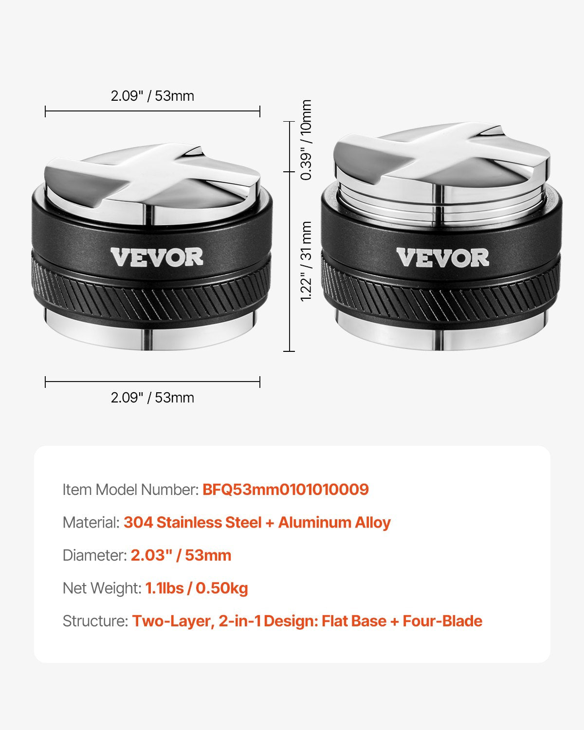 Coffee Distributor 53mm, 2-in-1 Adjustable Espresso Distributor with Fan-Shaped Base, Coffee Distributor 304 Stainless Steel with Easy-to-Disassemble Design