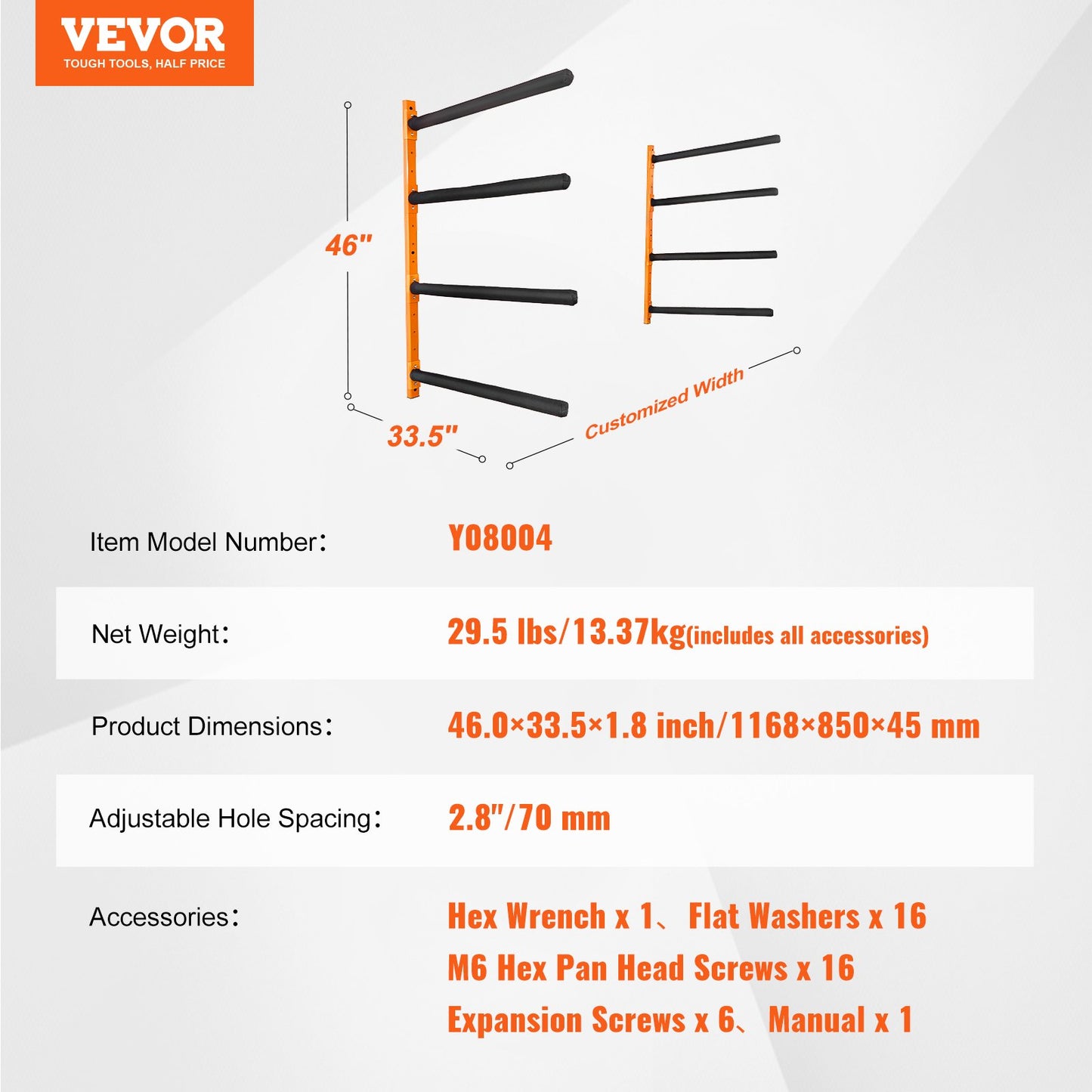 Wall Kayak Storage Rack, 4-Capacity Wall Mounted Kayak Holders for Kayak Canoe Paddle Board, Kayak Storage Hooks with Adjustable Padded Arms, 181.4 kg Load Kayak Hanger for Indoor Outdoor Garage