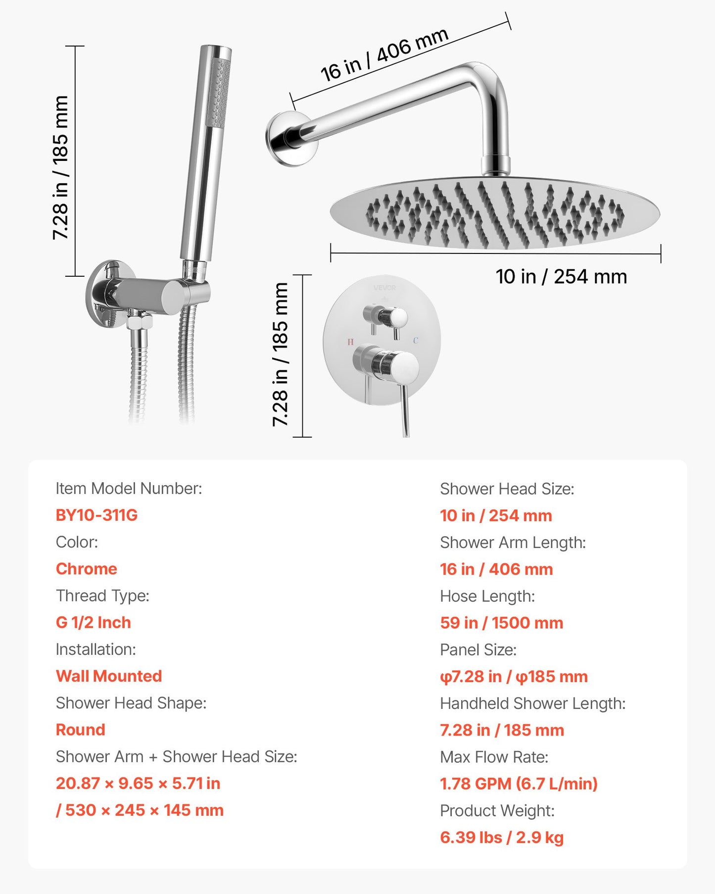 Shower Faucet Set, Rainfall Bathroom Shower System with 10-Inch (25.4cm) Round Rain Shower Head and Handheld Spray, Wall Mounted Bath Fixtures with Brass Valve and Trim Kit, Silver Chrome