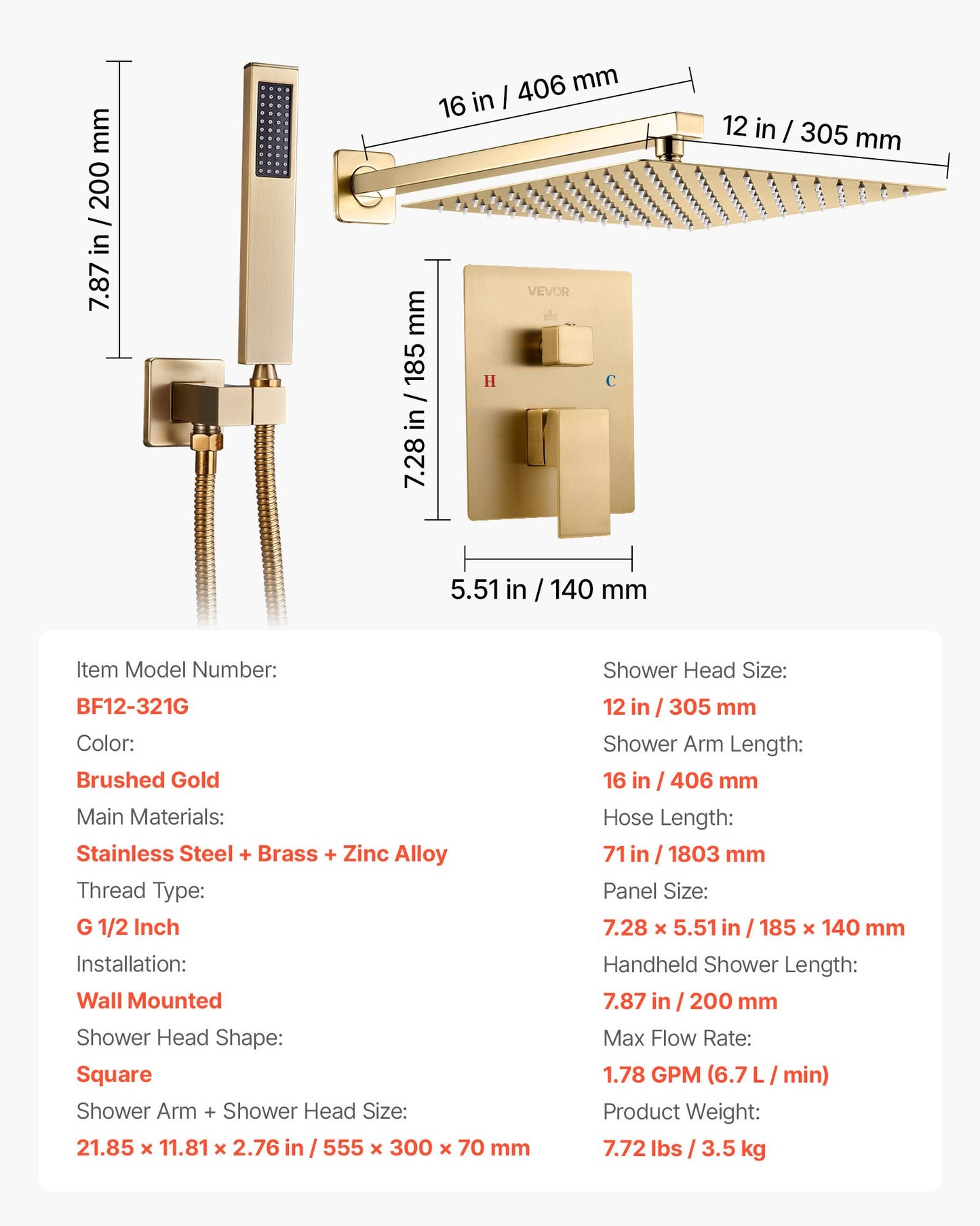 Shower Faucet Set, Rainfall Bathroom Shower System with 12-Inch (30.5cm) Square Rain Shower Head and Handheld Spray, Wall Mounted Bath Fixtures with Brass Valve and Trim Kit, Brushed Gold