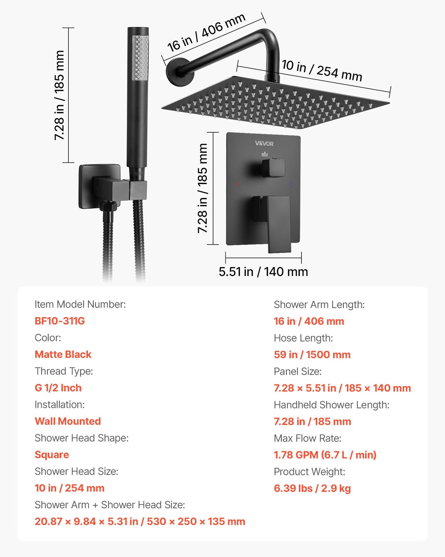 Duschblandareset, regnduschsystem för badrum med 10-tums (25,4 cm) fyrkantigt regnduschhuvud och handhållen spray, väggmonterade badkarsarmaturer med mässingsventil och lister, mattsvart