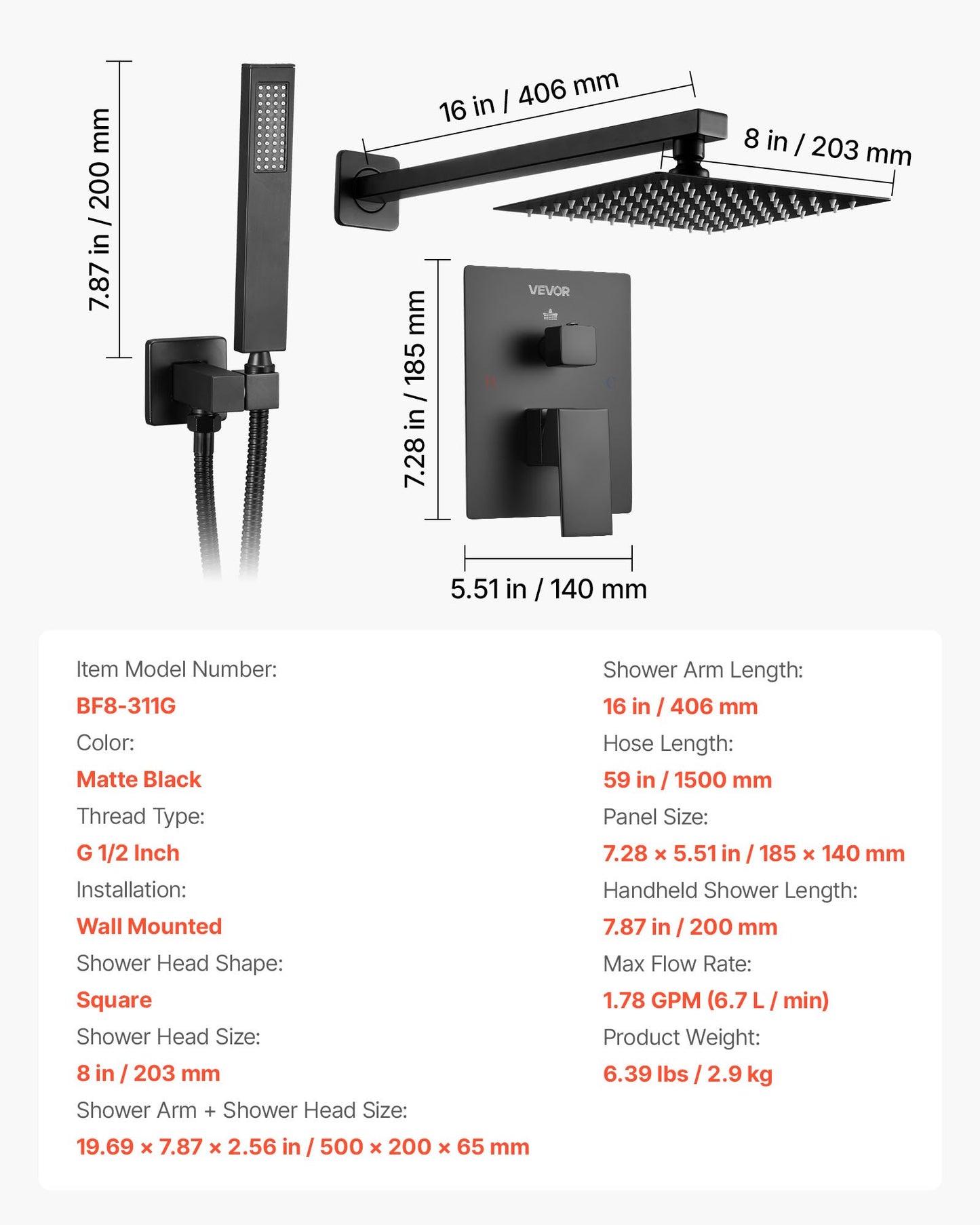 Shower Faucet Set, Rainfall Bathroom Shower System with 8-Inch (20.3cm) Square Rain Shower Head and Handheld Spray, Wall Mounted Bath Fixtures with Brass Valve and Trim Kit, Matte Black