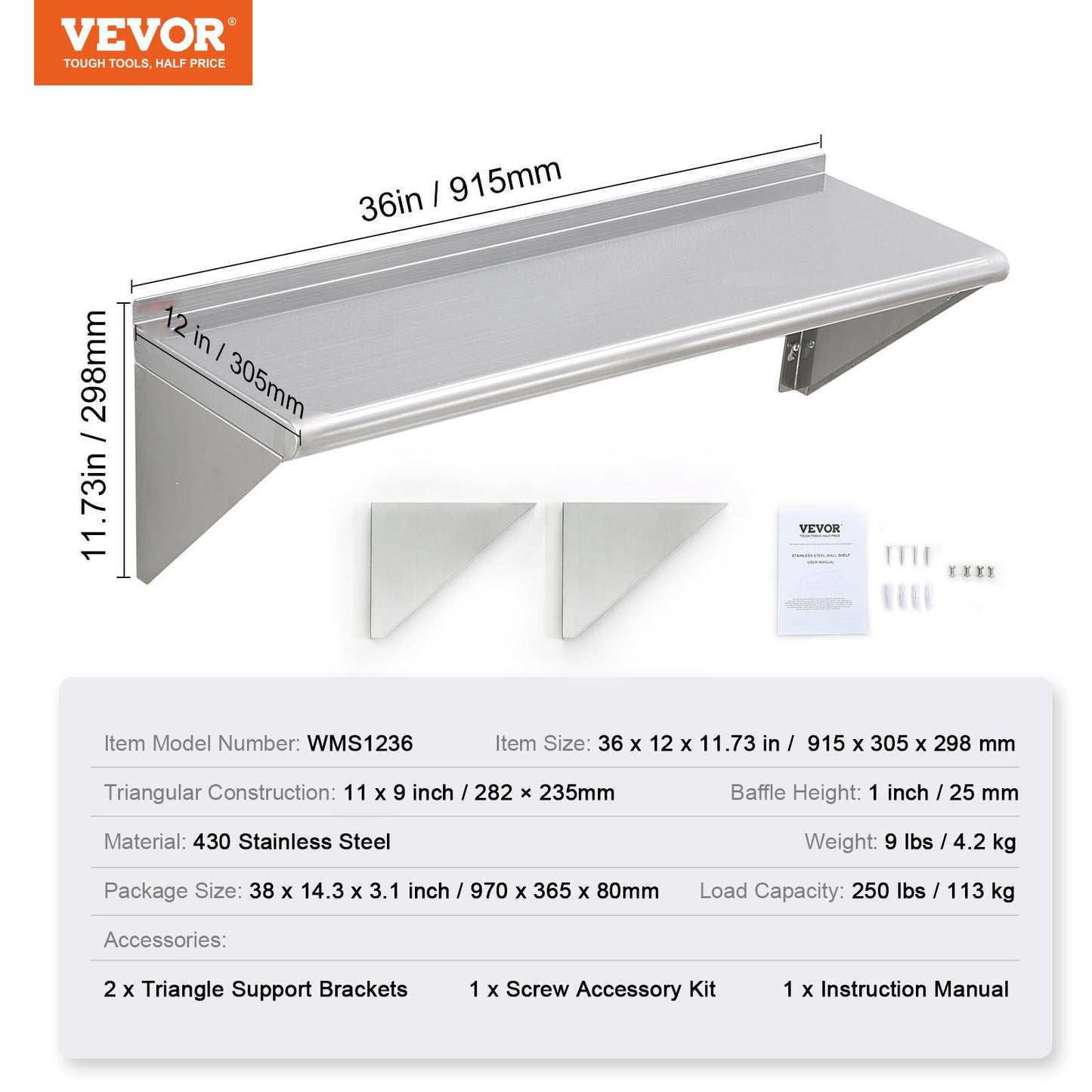 30.5 x 91.4 cm Stainless Steel Shelf, Wall Mounted Floating Shelving with Brackets, 113.4 kg Load Capacity Commercial Shelves, Heavy Duty Storage Rack for Restaurant, Kitchen, Bar, Home, and Hotel