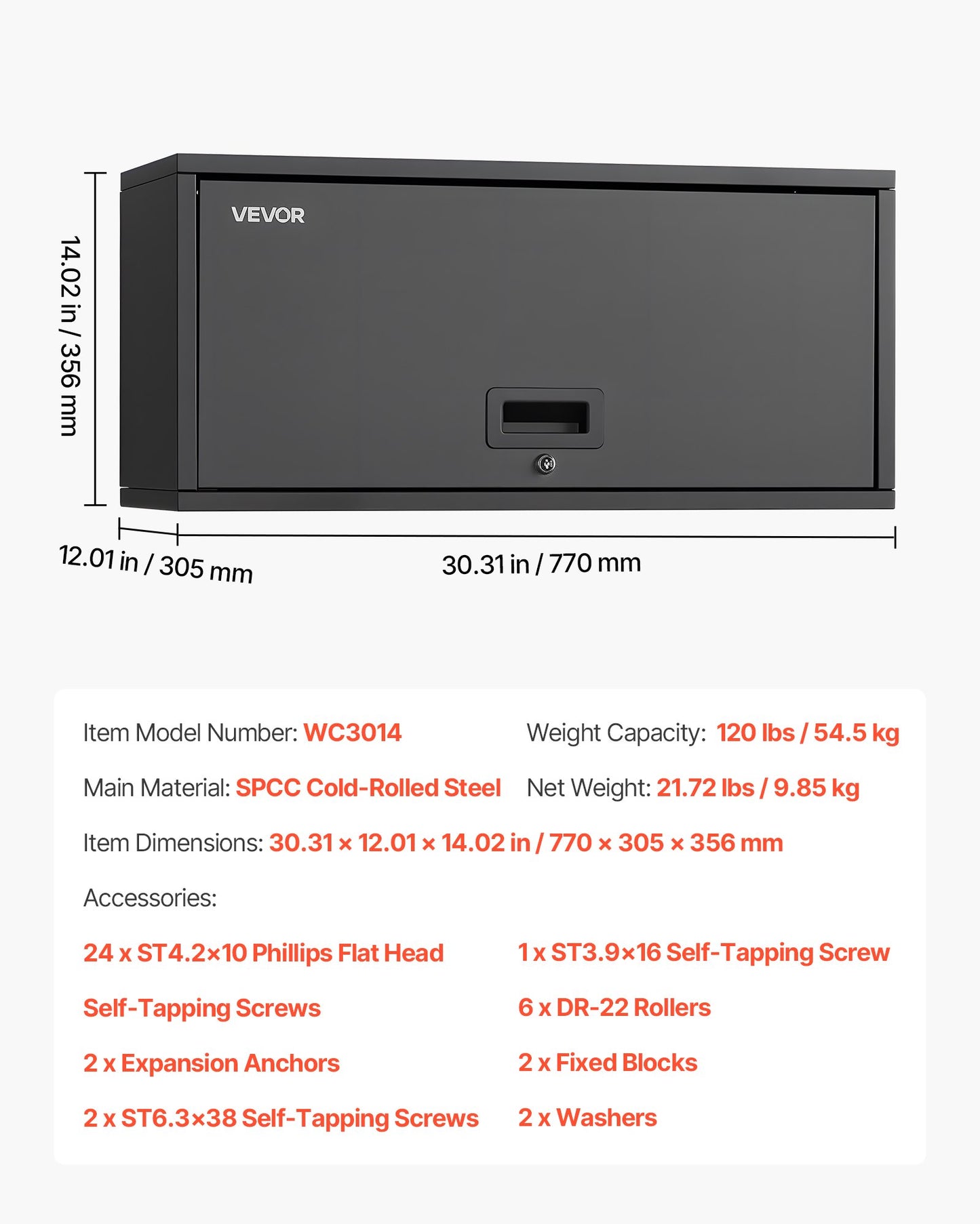 Metallväggskåp, 77B x 30,5D x 35,6H cm, Flytande garageverktygsskåp med uppfällbar dörr, 54,5 kg belastning per hyllplan, Lämplig för garage, källare, kök, lager, montering krävs