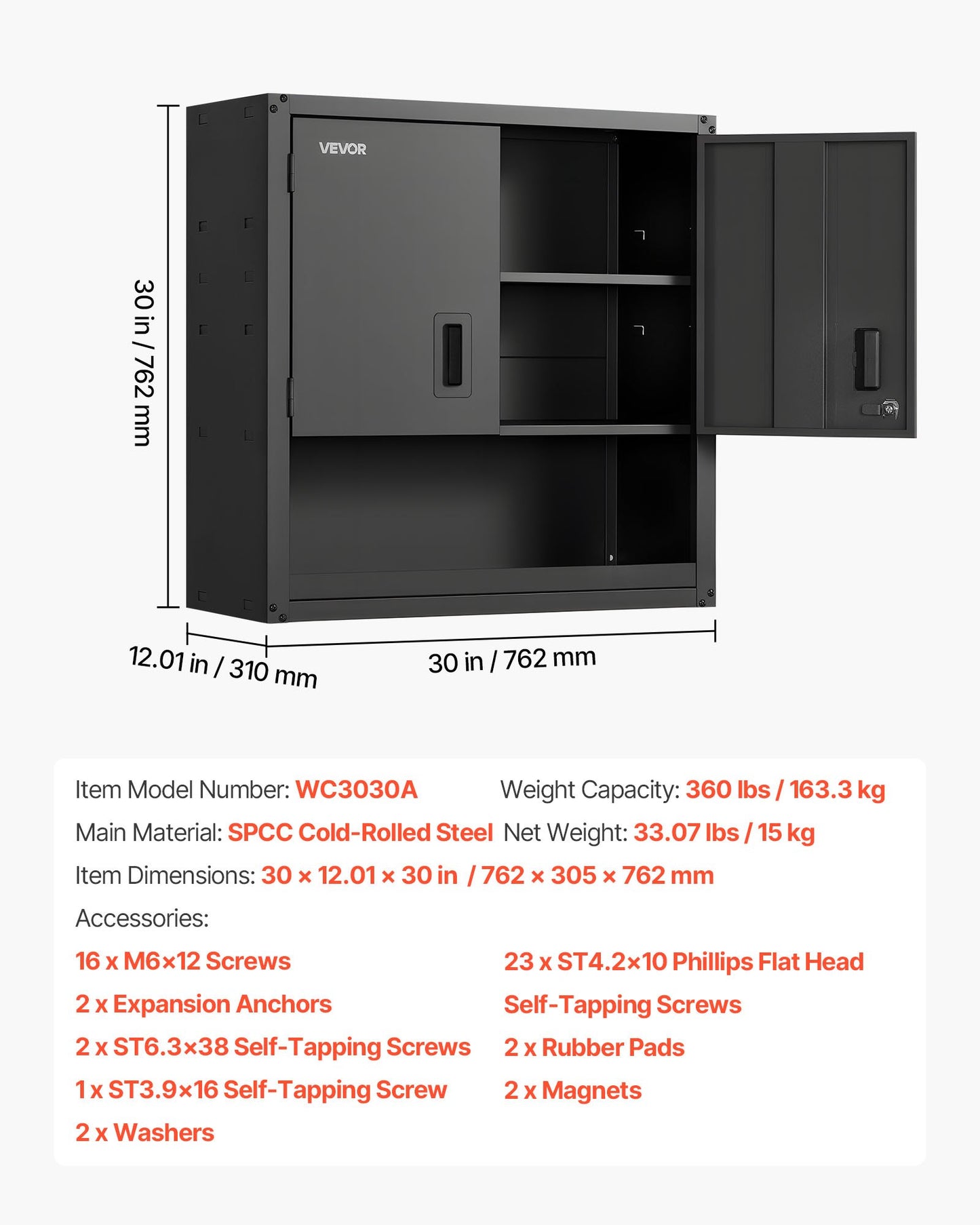 Metal Wall Cabinet, 76.2W x 30.5D x 76.2H Inch, Steel Floating Hanging Storage Cabinet with Locking Doors and Adjustable Shelf for Garage, Basement, Kitchen, Warehouse Assembly Required, Black