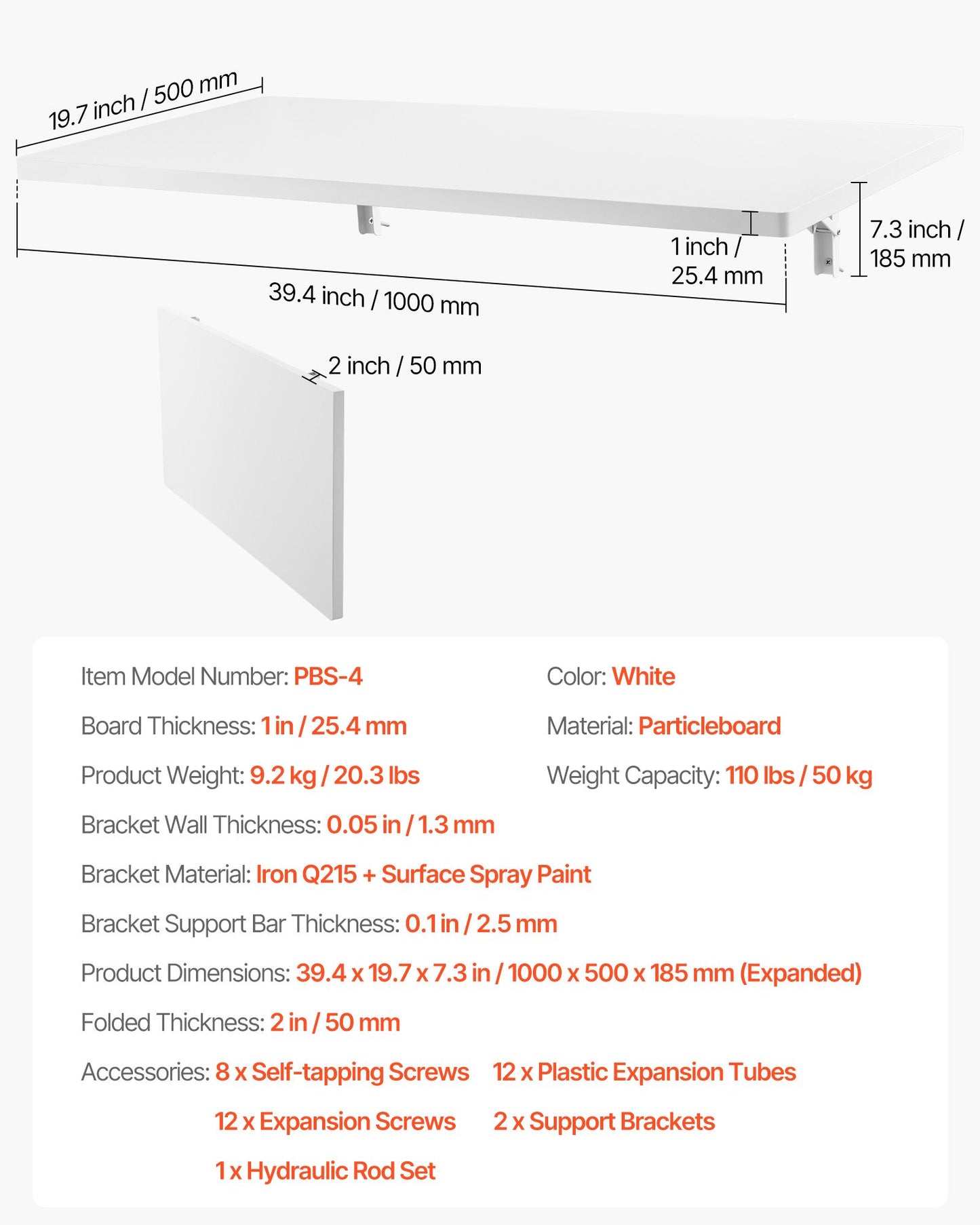 Väggmonterat fällbord, 39,4 x 19,7 tum väggmonterat bord, flytande skrivbord med järnfäste, nedfällbart skrivbord för små utrymmen, hemmakontor, matsal, tvättstuga, kök, bar, vit