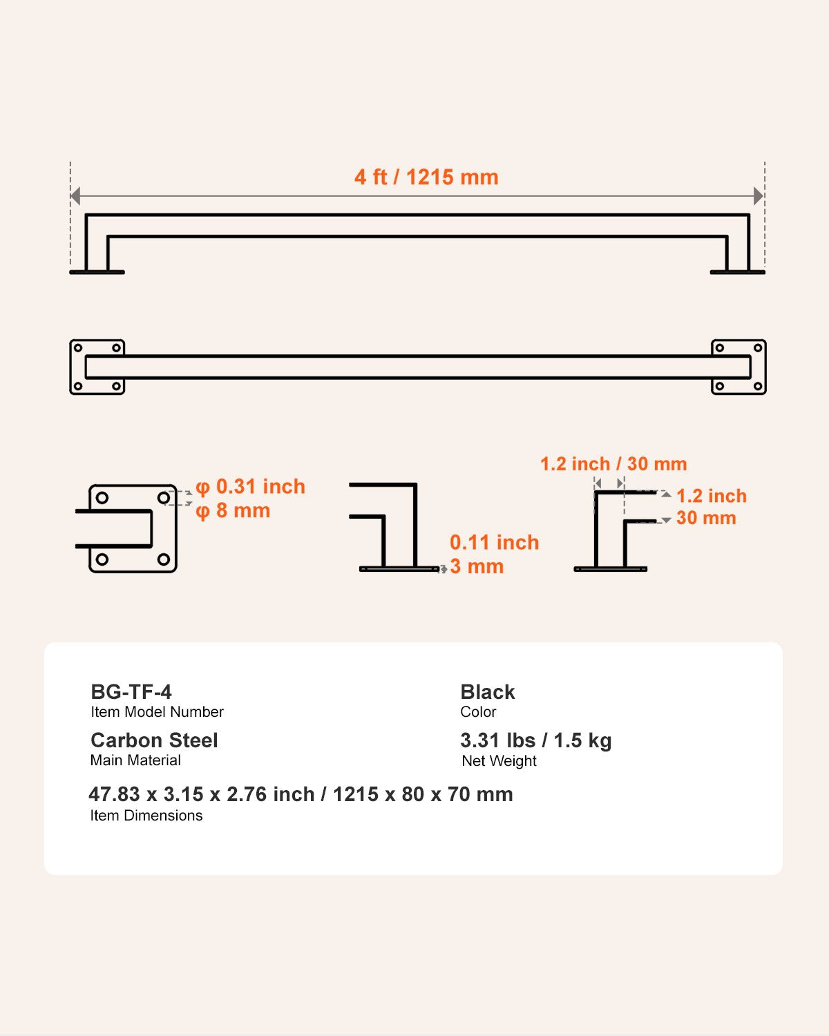 Väggmonterat trappräcke, 1215 mm svart järnräcke för inomhusbruk, 113 kg lastkapacitet, industriellt räcke för trappor, fyrkantigt rör för loft/veranda, 2 sektioner
