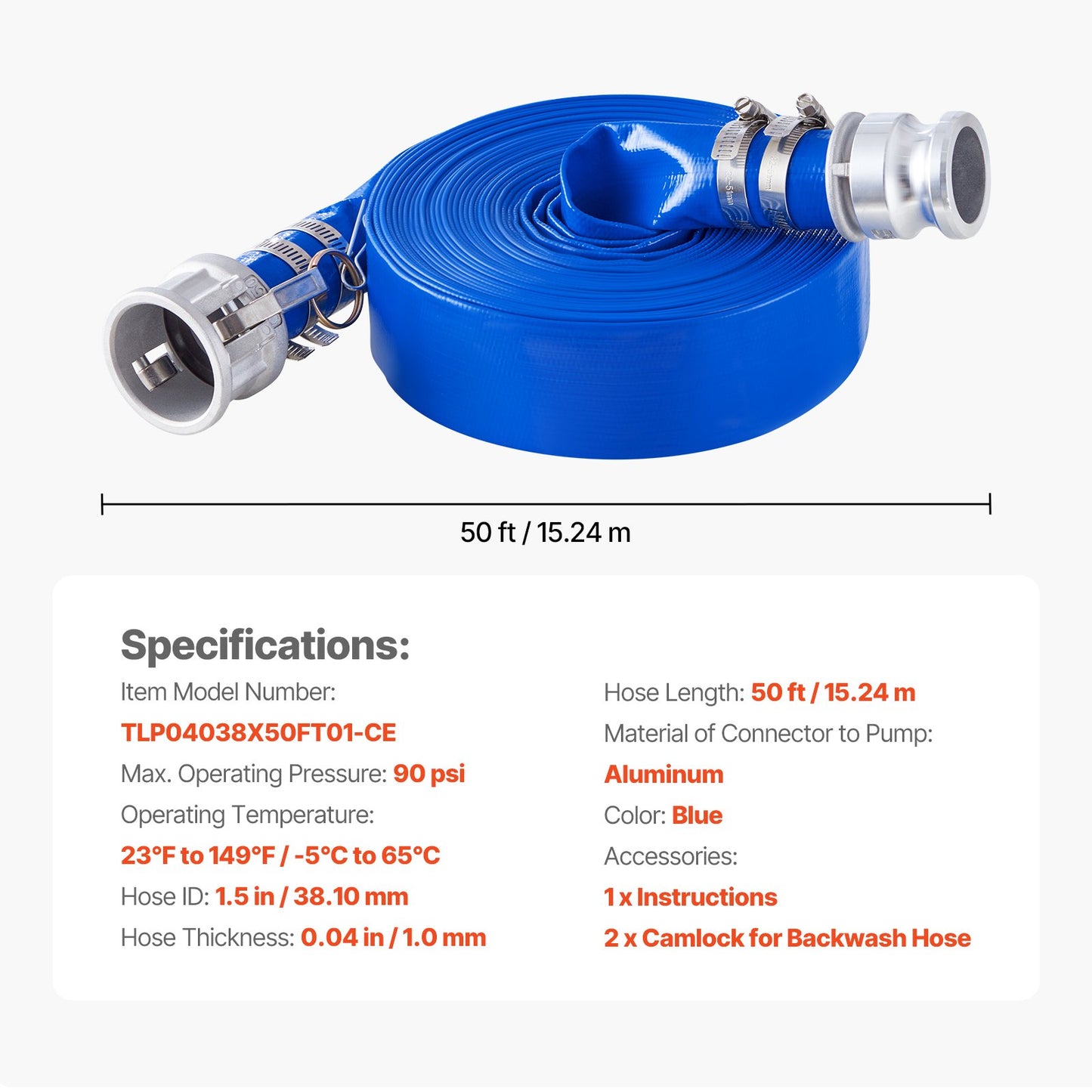 Backwash Hose, 38 mm(1.5 in) x 15.2 m(50 ft), Blue High Quality PVC Hose, with Clamps, Camlock, Aluminum Fittings, Fit Various Pumps, for Sewage Treatment, Water Transportation and More Agricultural Purposes