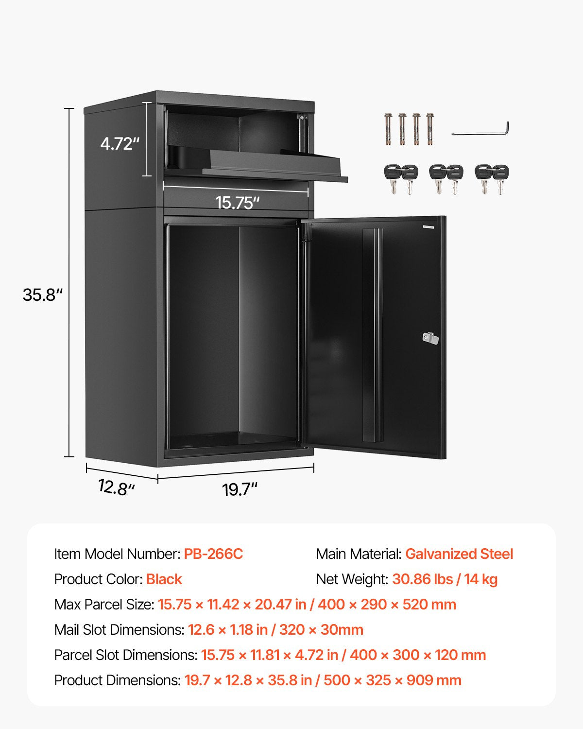 Package Delivery Boxes for Outside, 35.8 in Mailbox for Parcel with Lock, Galvanized Steel Package Drop Box with Anti-Theft Design, Weather-Resistant Package Mailbox for Home and Office, Black