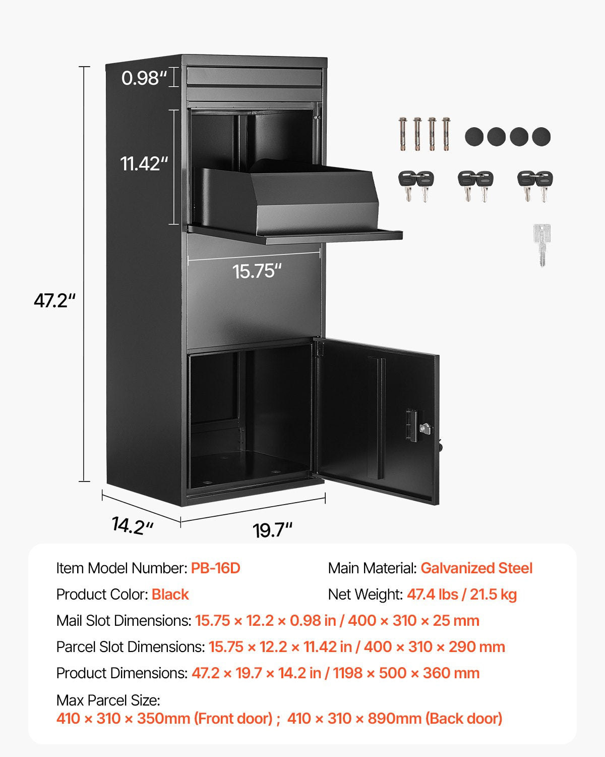 Paketleveranslådor för utomhusbruk, 47,2 tums brevlåda för paket med lås, paketlåda i galvaniserat stål med stöldskydd, väderbeständig paketbrevlåda för hem och kontor, svart