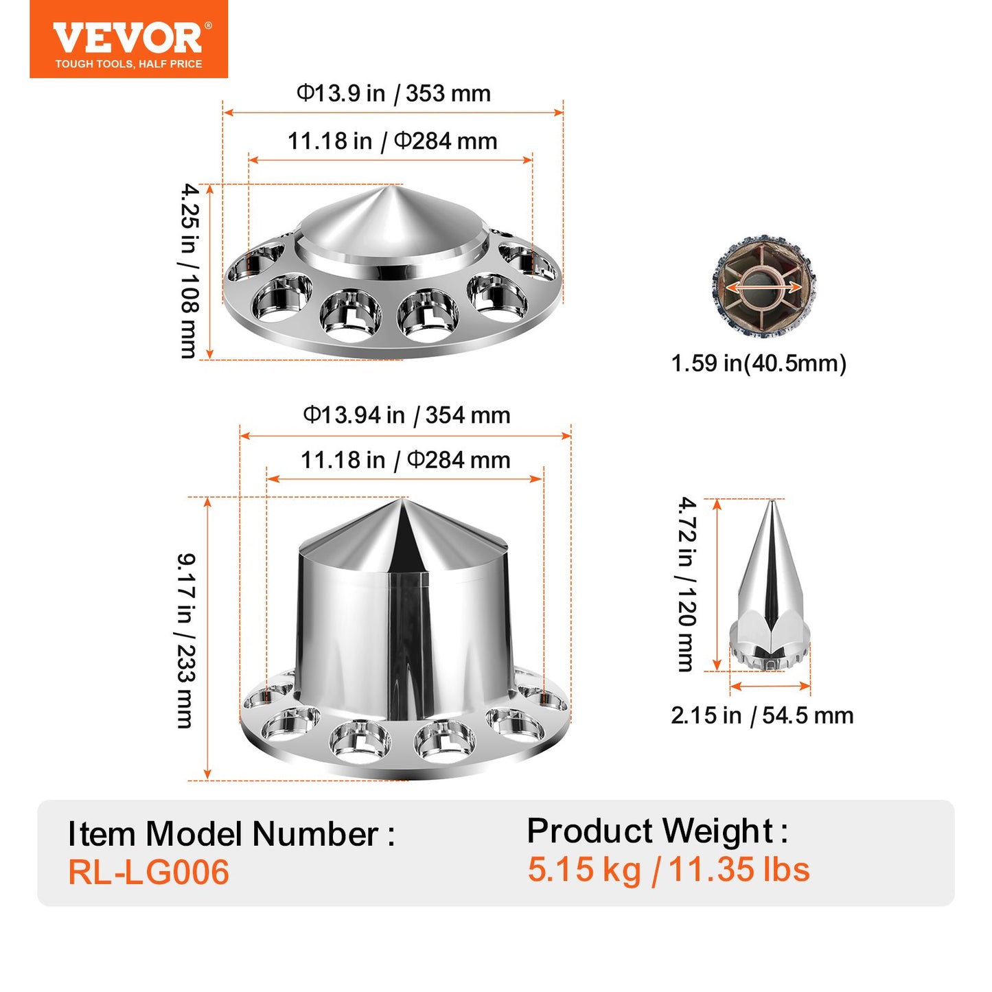 Hjulskydd för bakre framaxel, Spikade axelskydd för lastbil, Rostbeständiga hjulmuttrarskydd i ABS, Universalpassning, Monteringsverktyg ingår, Kombinationssats för 2 navskydd fram och 4 bakaxel