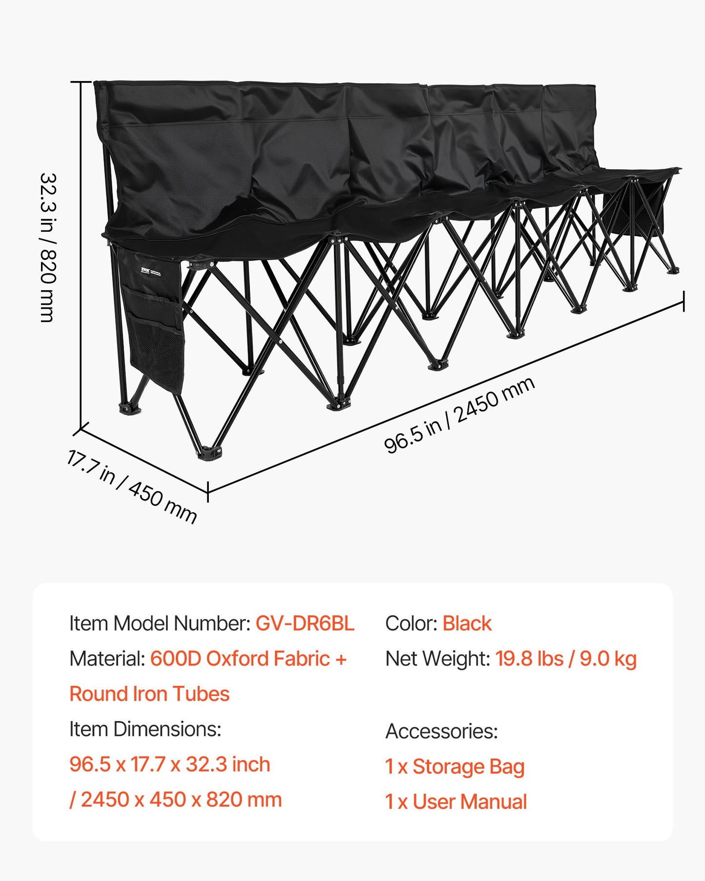 Bärbar hopfällbar bänk, fotbollsbänk med 6 platser, flera förvaringsfickor och bärväska, lätt sidosittplats med ryggstöd för fotboll, baseboll, camping, utomhusevenemang, svart